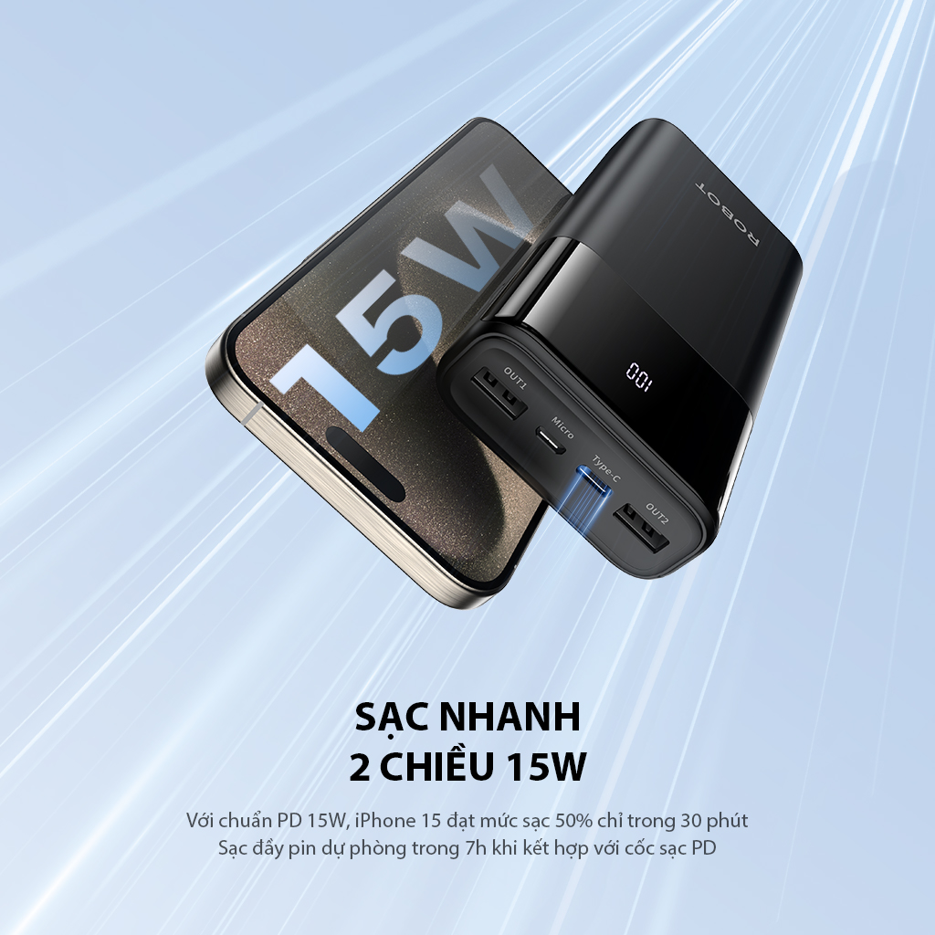 Mô tả Pin Sạc Dự Phòng Nhanh 20000mAh ROBOT RT22S LED 2 Cổng Sạc Vào Micro/Type C & 3 Cổng Sạc Ra USB/ Type C - 3