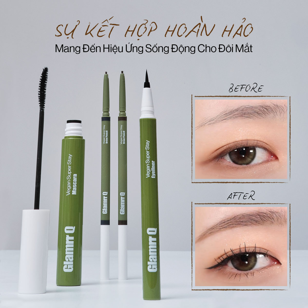 Mô tả Bộ 3 Trang Điểm Mắt Glamrr Q Chống Nước Thuần Chay (Mascara, Eyeliner, Eye Brow) - 1