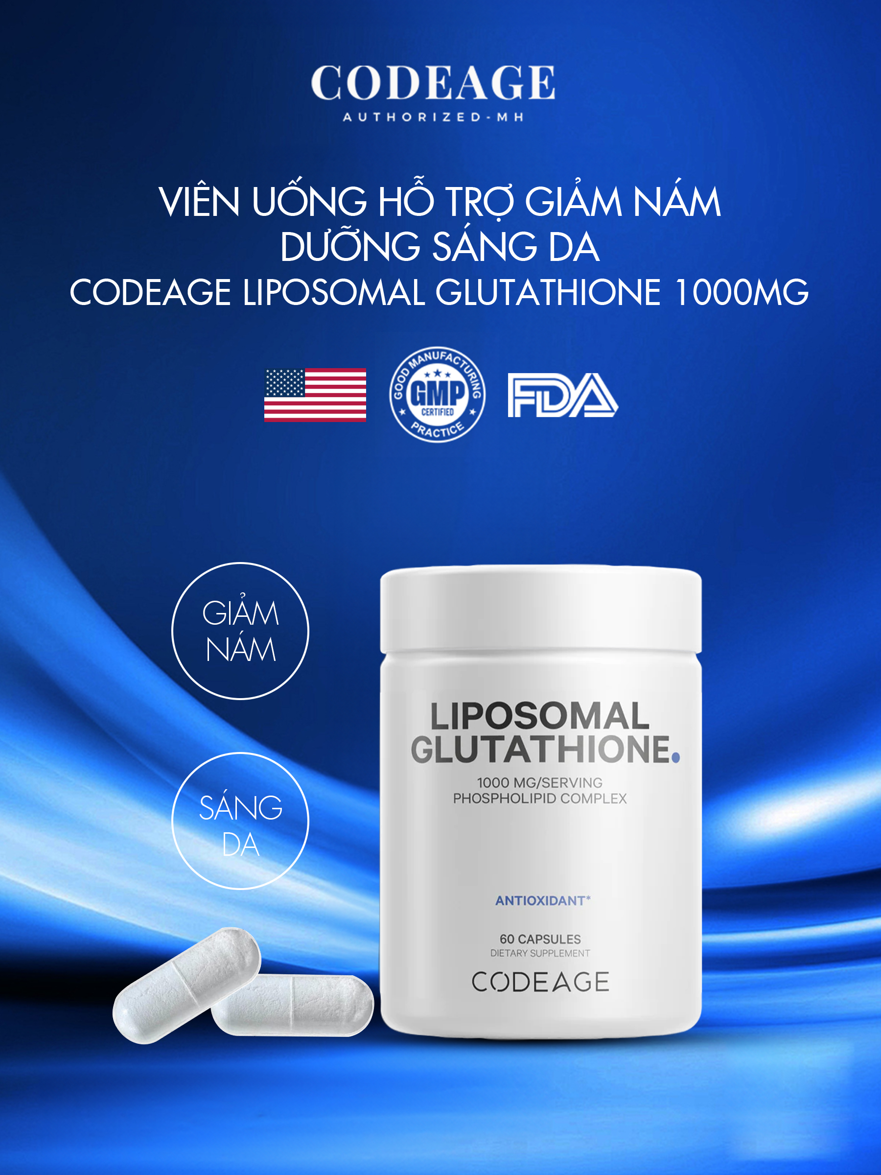 Mô tả Viên uống hỗ trợ dưỡng sáng da CodeAge Liposomal Glutathione 60 viên hỗ trợ cải thiện nám 500mg/1000mg ajaskinlab - 1