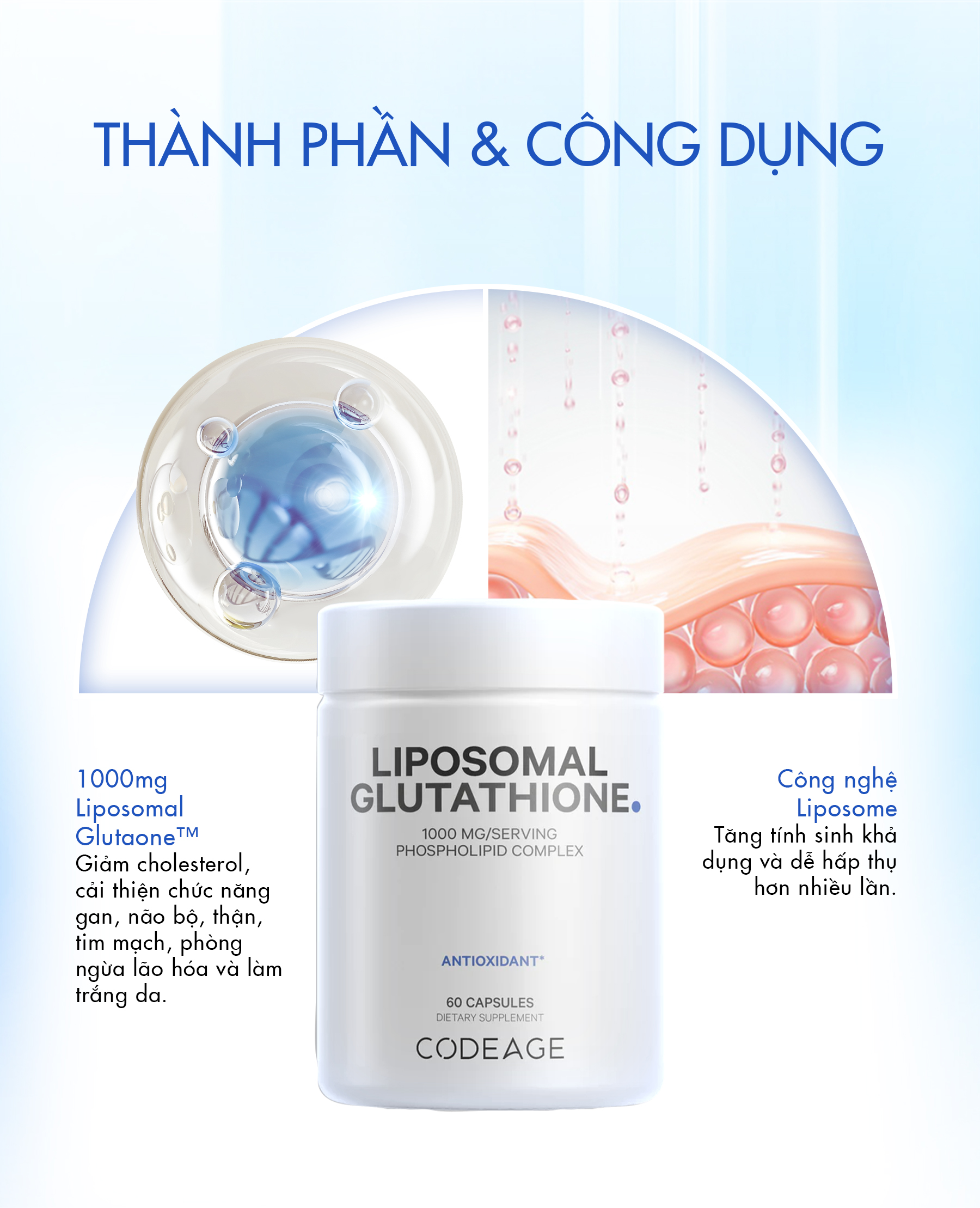 Mô tả Viên uống hỗ trợ dưỡng sáng da CodeAge Liposomal Glutathione 60 viên hỗ trợ cải thiện nám 500mg/1000mg ajaskinlab - 2