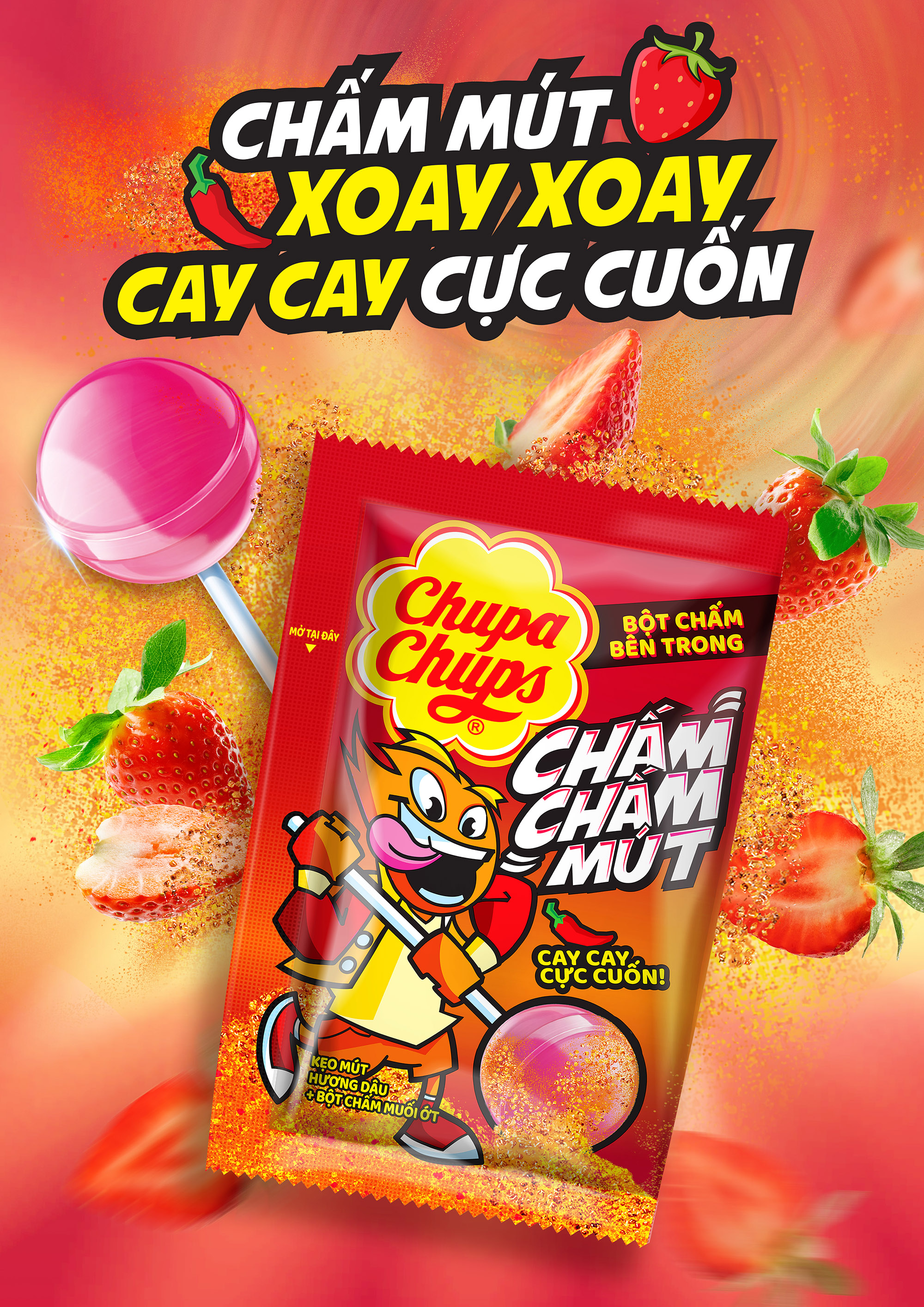 Mô tả Kẹo Mút Chupa Chups Chấm Chấm Mút (Hương Dâu kèm muối ớt) (Hộp 16 gói) - 1
