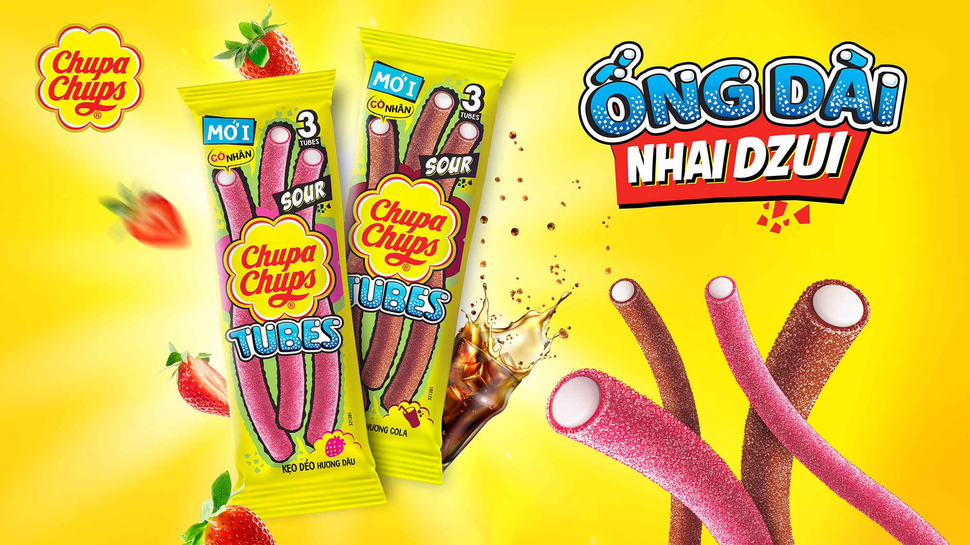 Mô tả Kẹo dẻo vị chua Chupa Chups hương trái cây hỗn hợp và kẹo dẻo vị chua hình ống hương cola và dâu - 1