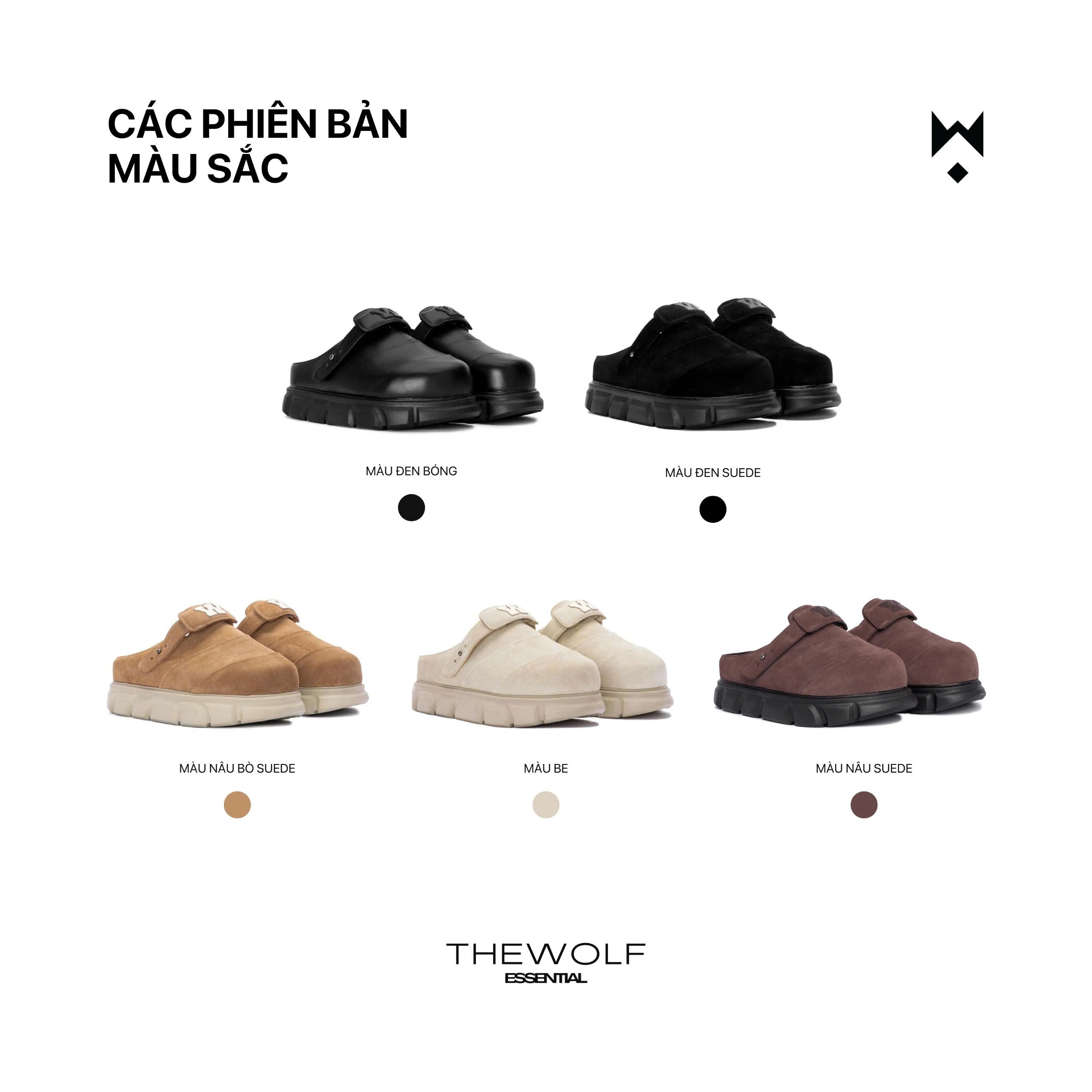 Mô tả Dép Bánh Mì Tăng Chiều Cao Nam Nữ THEWOLF R&E MULE SANDAL - Đen bóng, Đen suede, Nâu bò suede, Be, Nâu suede - 1