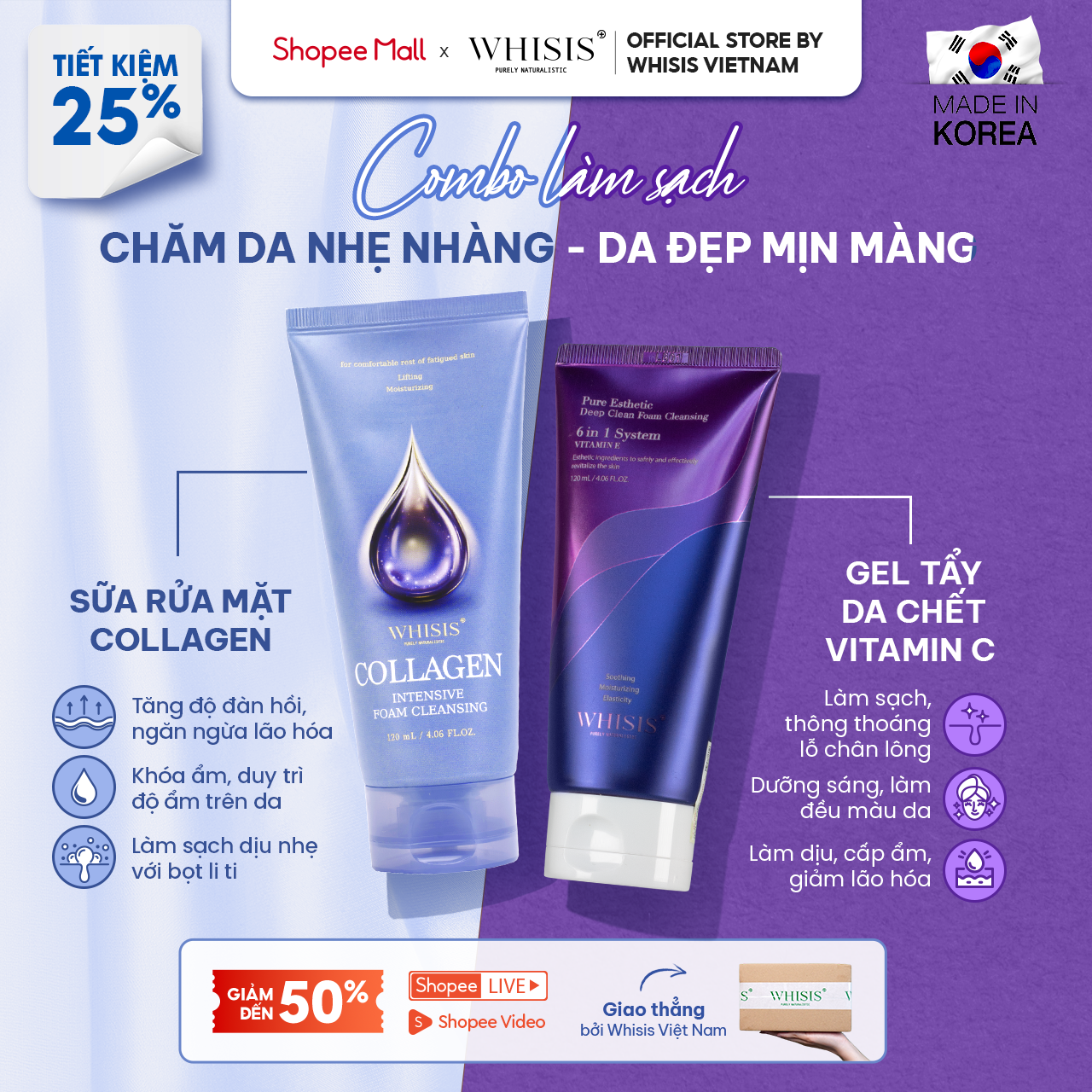 Mô tả Combo Làm Sạch Kép WHISIS Gồm: Sữa Rửa Mặt Collagen WHISIS + Tẩy Tế Bào Chết Da Vitamin C WHISIS 120ml Sạch Sâu Hiệu Quả - 1