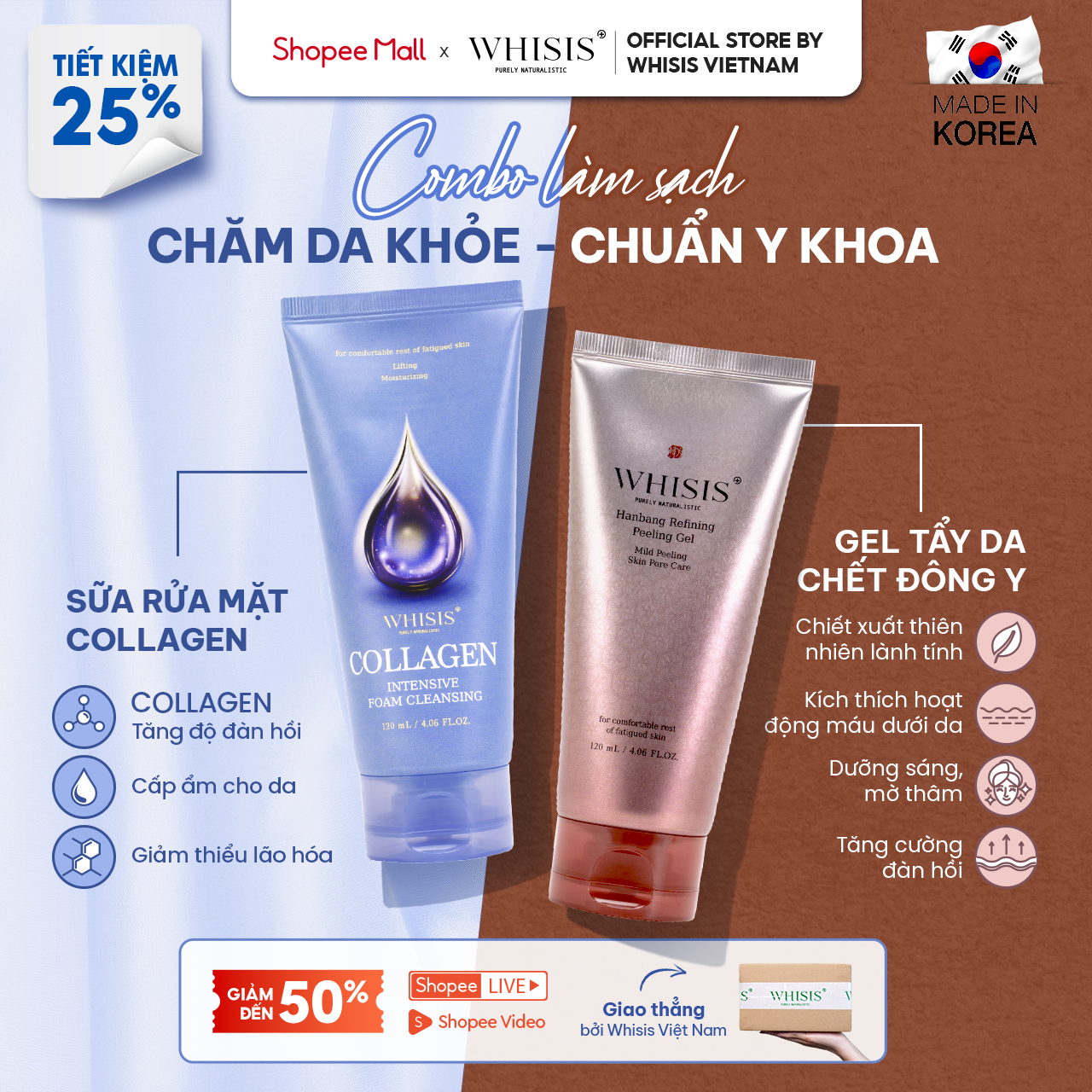 Mô tả Combo Làm Sạch "Trẻ Mãi Không Già" WHISIS Gồm Sữa Rửa Mặt Collagen Chống Lão Hóa Và Gel Tẩy Tế Bào Chết Đông Y 120ml - 1