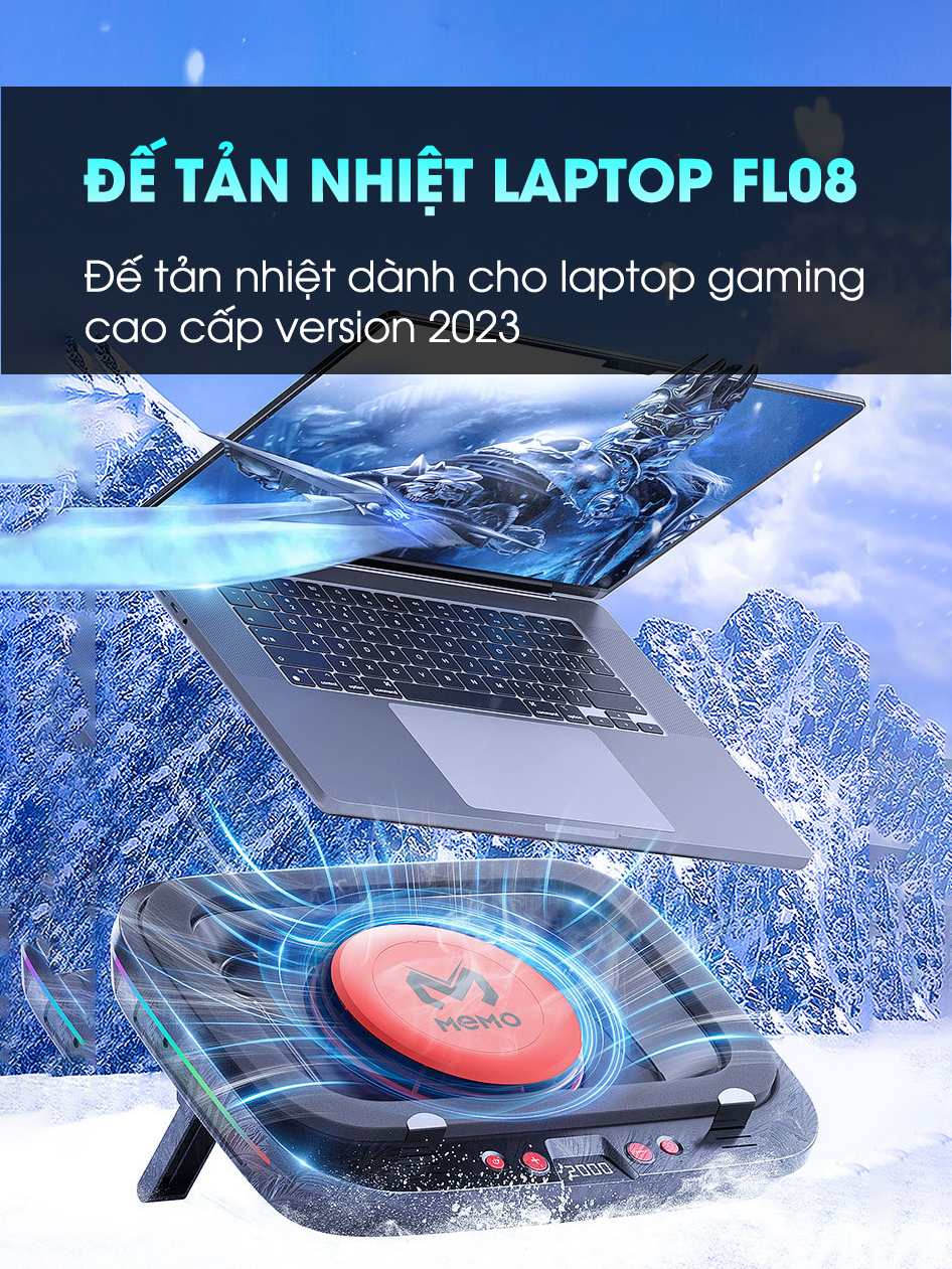 Mô tả Đế tản nhiệt laptop gaming MEMO FL08 hơn 15 chế độ gió 7 mức điều chỉnh độ cao tăng fps máy tính chiến game LOL Valo - 1