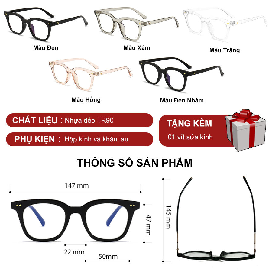 Mô tả Gọng kính cận thời trang nam nữ ANDU dáng vuông chữ V chống tia UV chất liệu nhựa TR cao cấp - 614 - 2