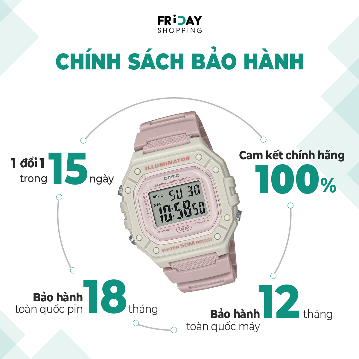 Mô tả Đồng Hồ Casio Nữ Điện Tử W-218HC-4A2VDF Mặt Vuông Dây Cao Su Chính Hãng - 3