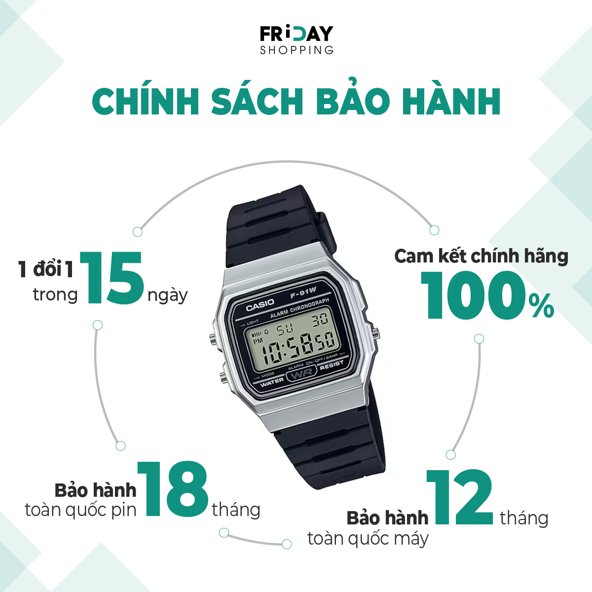 Mô tả Đồng Hồ Casio Nam Điện Tử F-91WM-7ADF Dây Cao Su Chính Hãng - 3