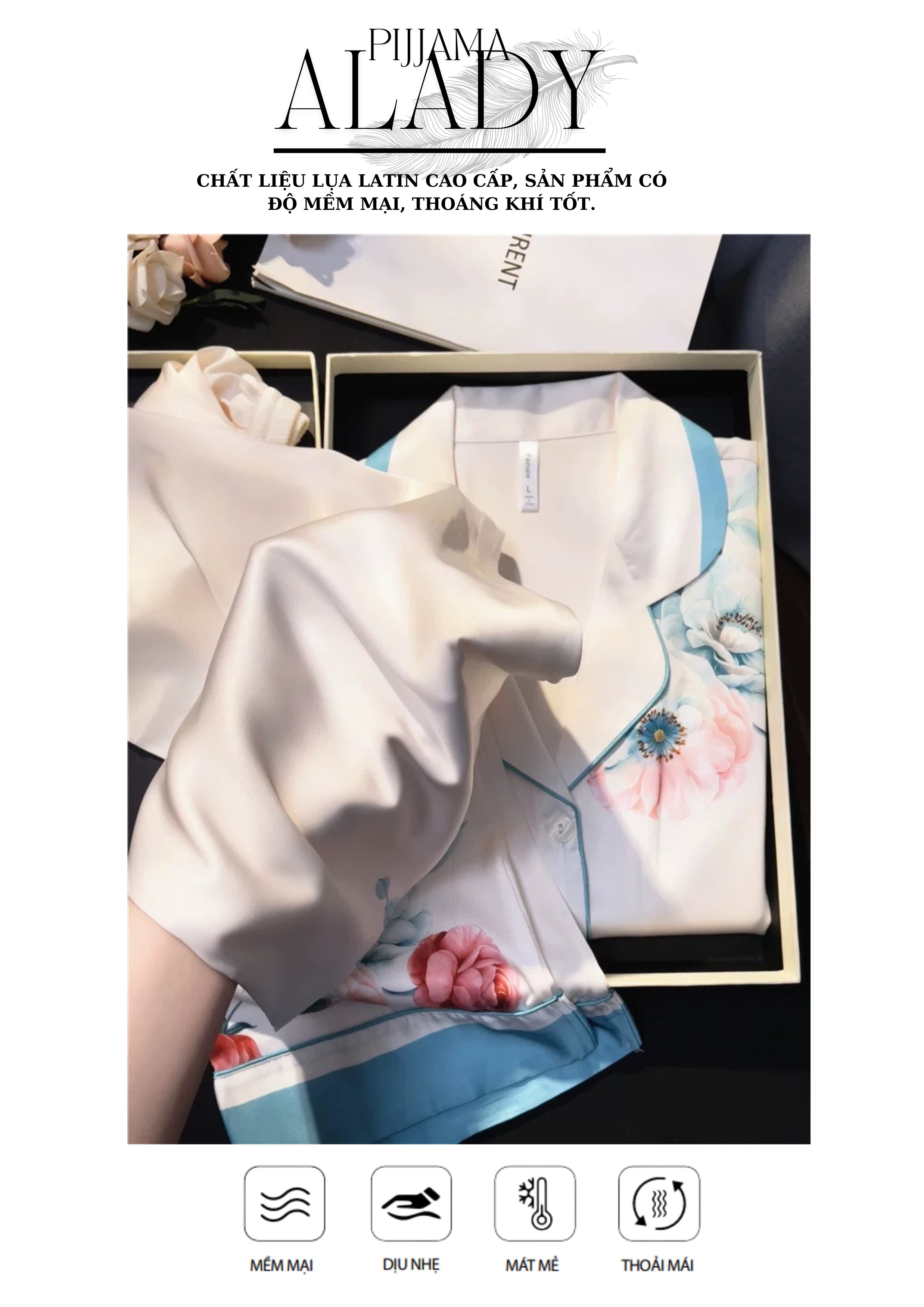 Đồ bộ ALADY PIJAMA Họa Tiết hoa đỏ viền xanh, chất liệu lụa Latin Mềm ...