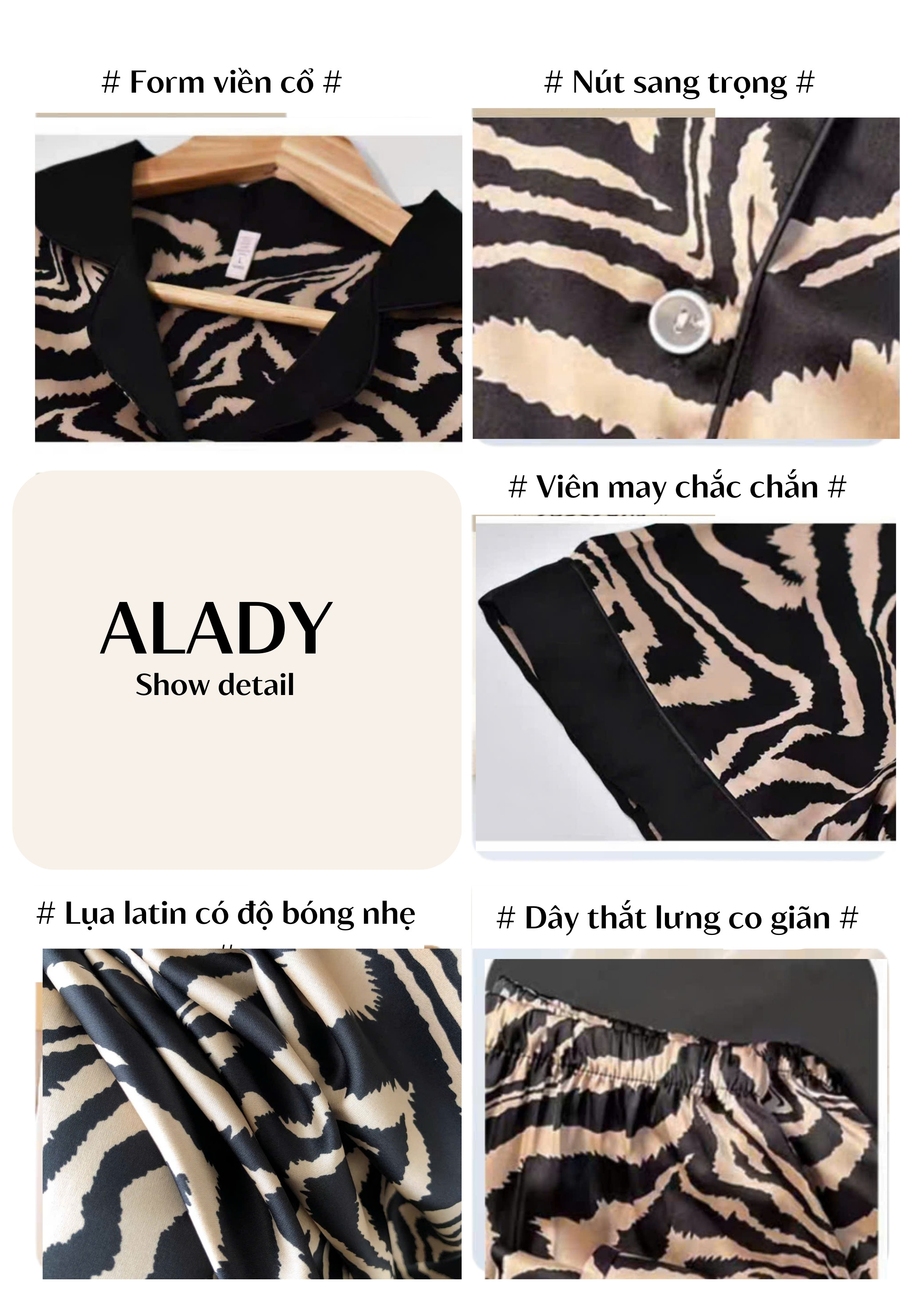 Đồ nữ Pijama ALADY lụa Latin cao cấp, sang trọng họa tiết sọc đen cộc ...