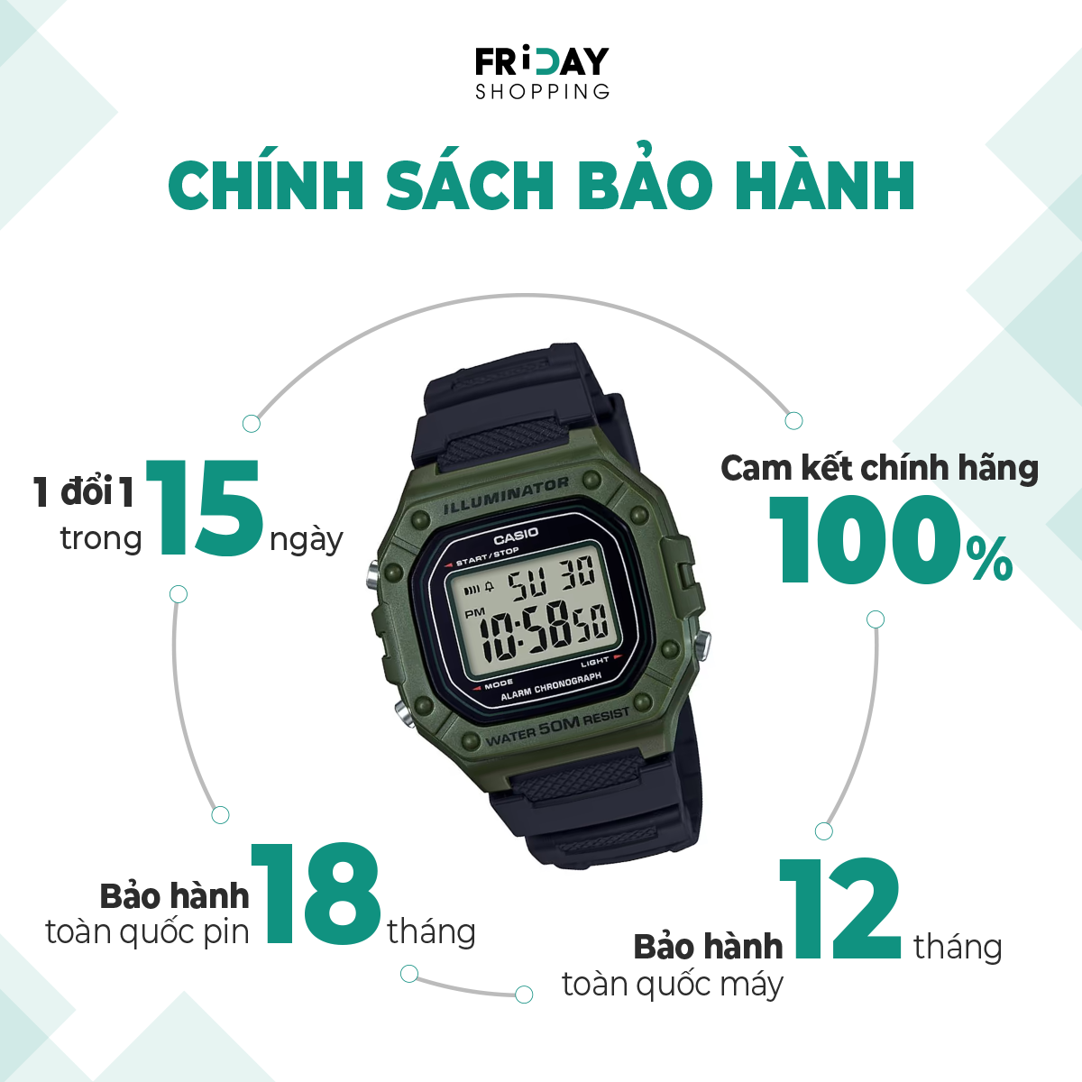 Mô tả Đồng Hồ Casio Nam Điện Tử W-218H-3AVDF Mặt Vuông Dây Cao Su Chính Hãng - 3