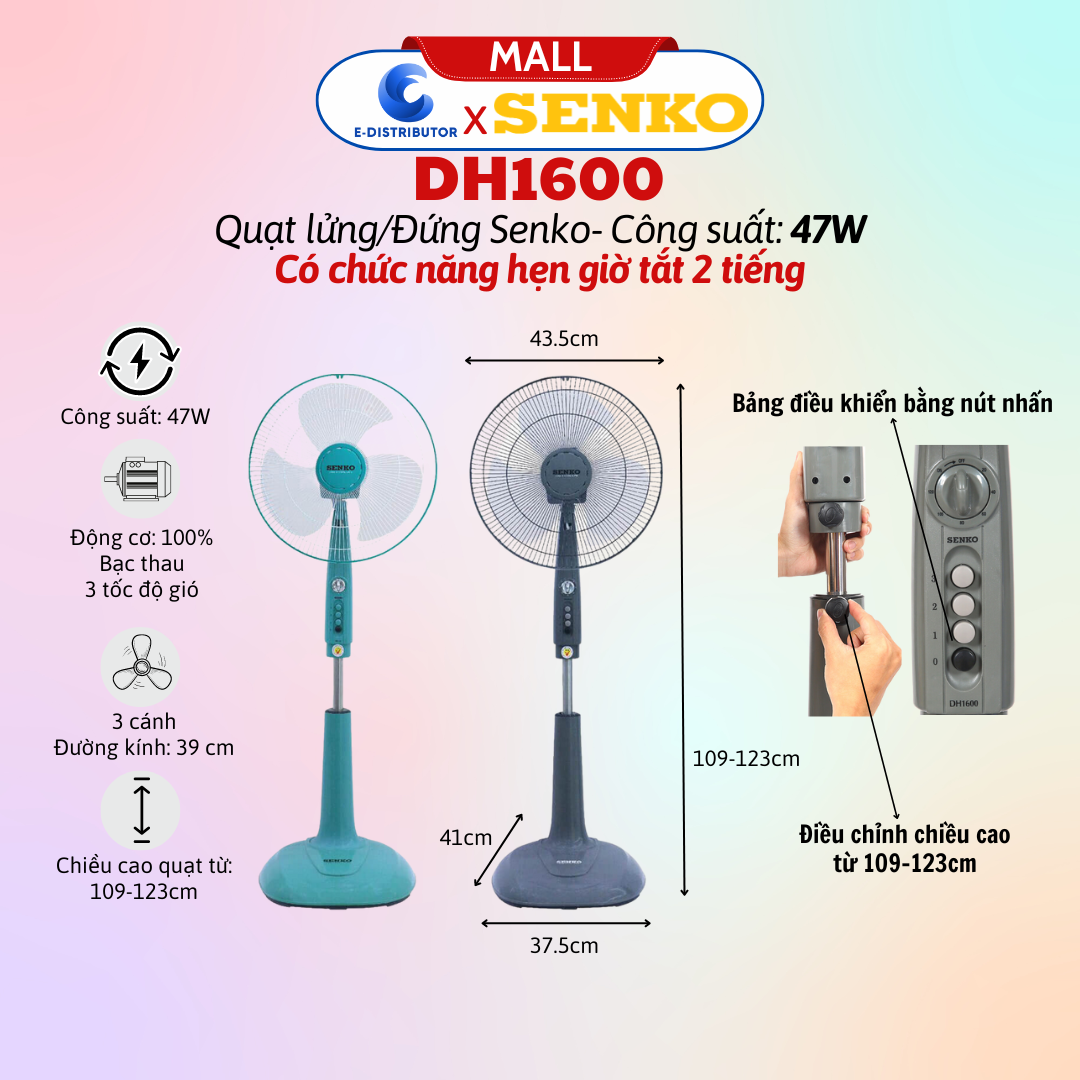 Mô tả Quạt đứng hẹn giờ SENKO DH1600 - Màu ngẫu nhiên - Hàng chính hãng - 1