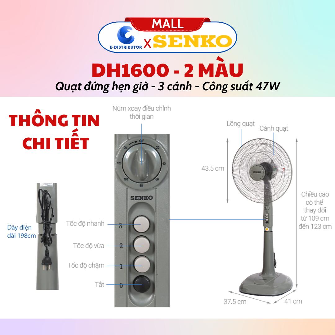 Mô tả Quạt đứng hẹn giờ SENKO DH1600 - Màu ngẫu nhiên - Hàng chính hãng - 2