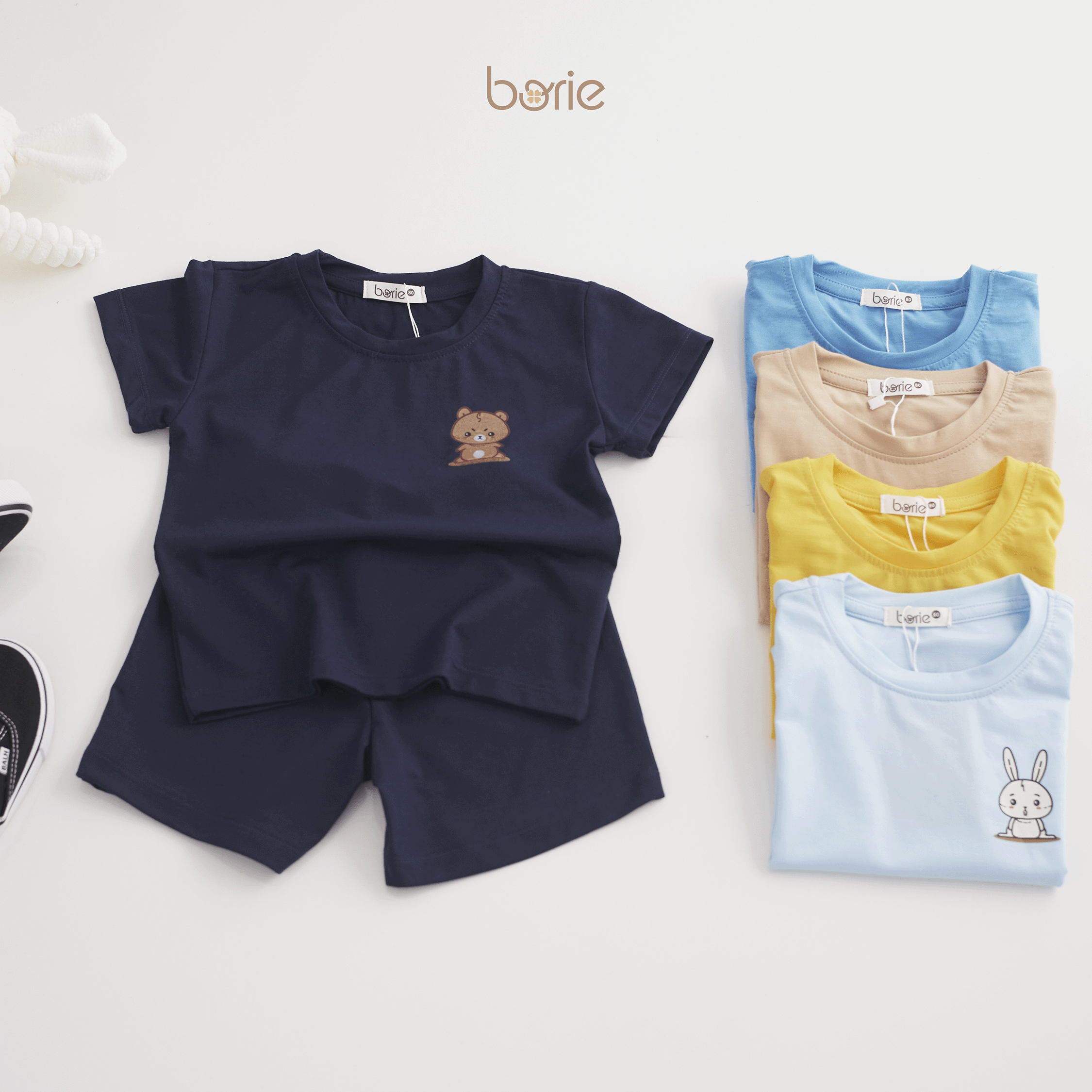 Mô tả Bộ quần áo cộc tay cho bé trai bé gái Borie chất liệu cotton lạnh in họa tiết ở ngực Size 7-18kg A005 - 1