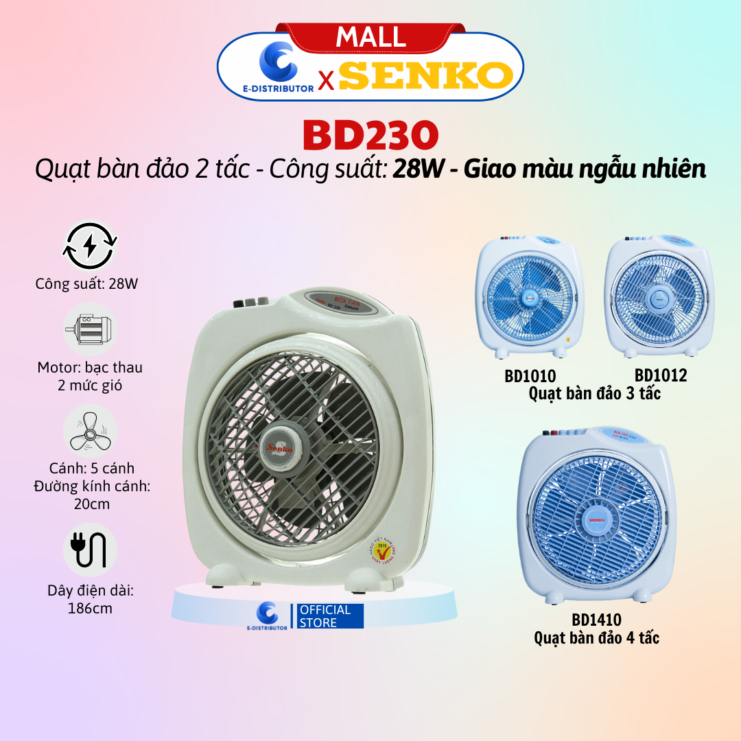Mô tả Quạt bàn đảo Senko 2 tấc BD230 - 3 tấc BD1010/BD1012 - 4 tấc BD1410 - Màu ngẫu nhiên - Chính hãng - 1