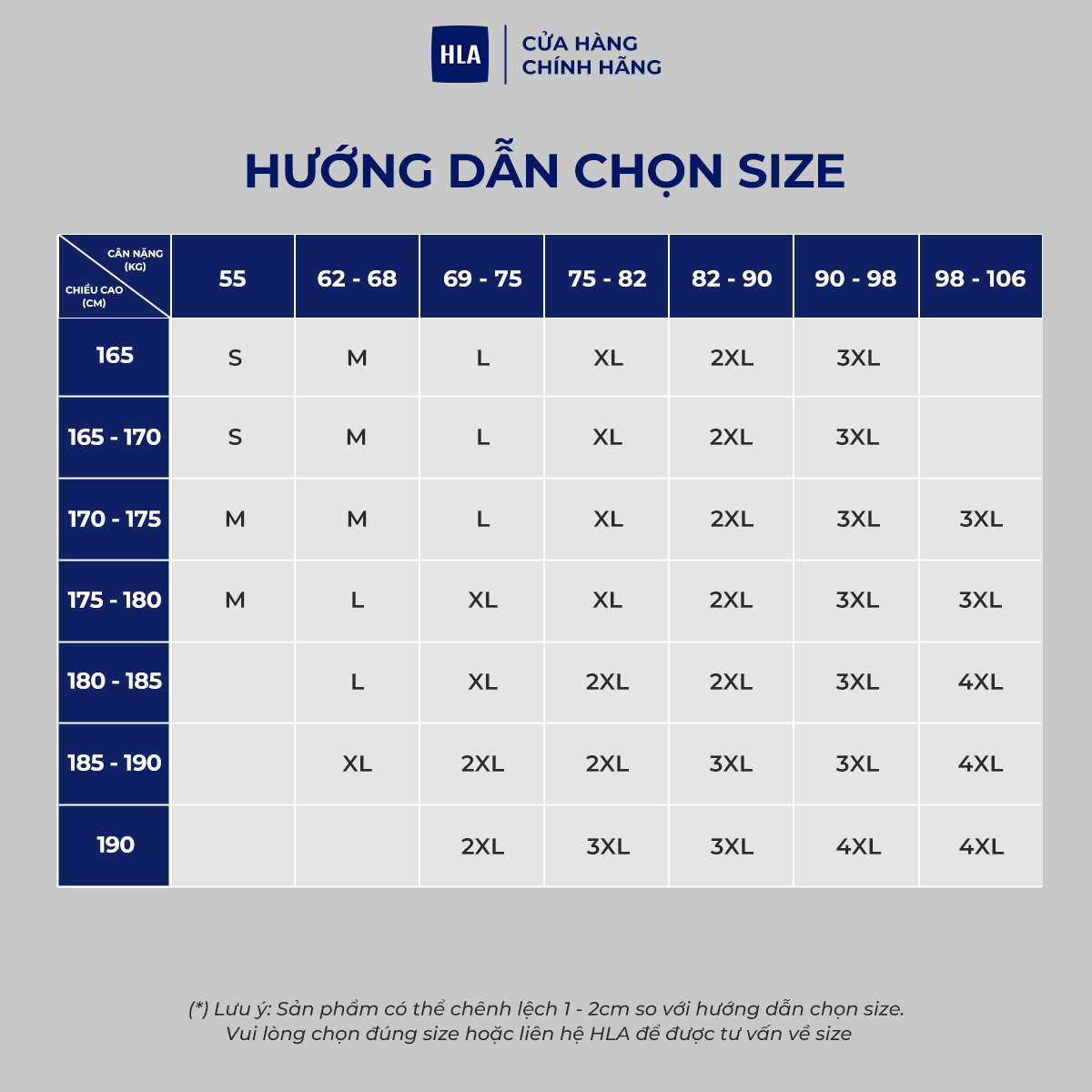Bảng size áo POLO nam HLA Sportsday