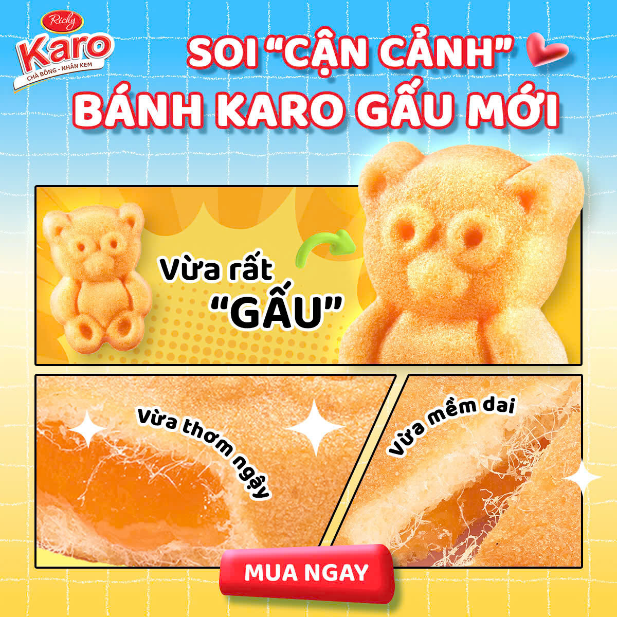 Mô tả Bánh Karo Chà Bông Hình Gấu Richy - Bánh Trứng Tươi Chà Bông Nhân Phô Mai Date 45 Ngày - 2