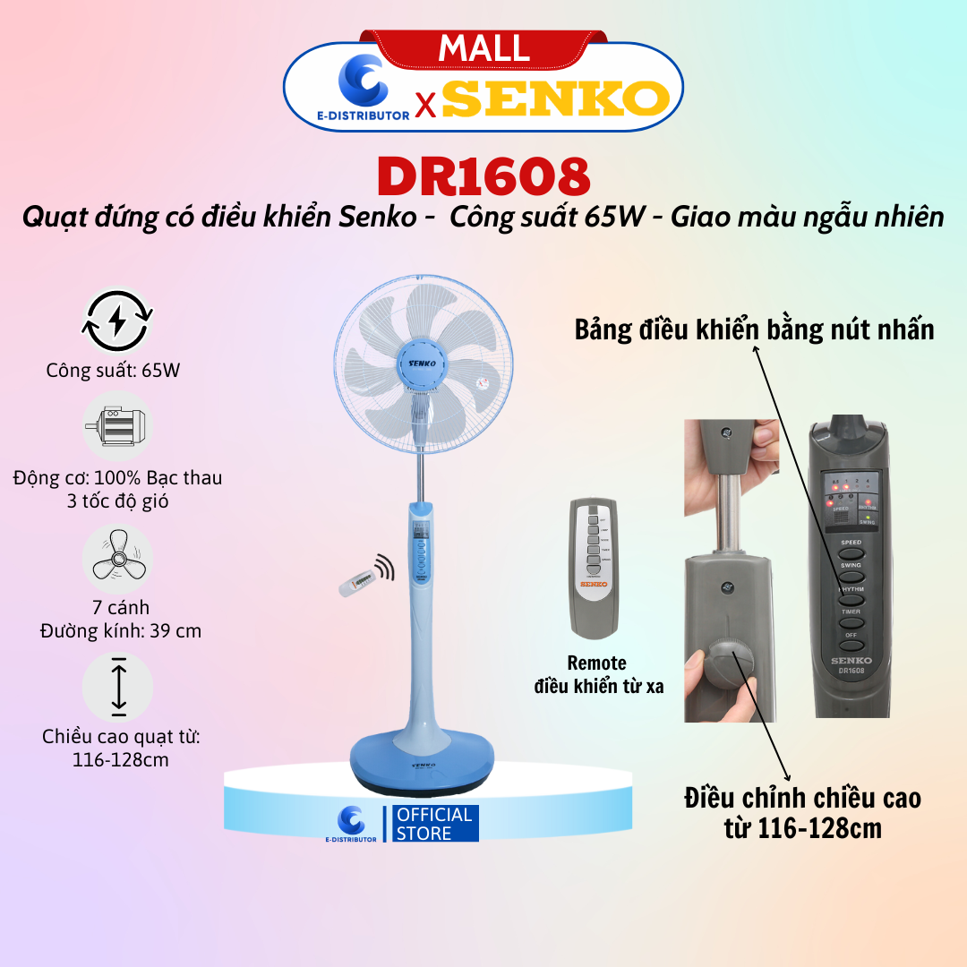 Mô tả Quạt đứng điều khiển từ xa Senko DR1608 - Màu ngẫu nhiên - Hàng Chính Hãng - 1