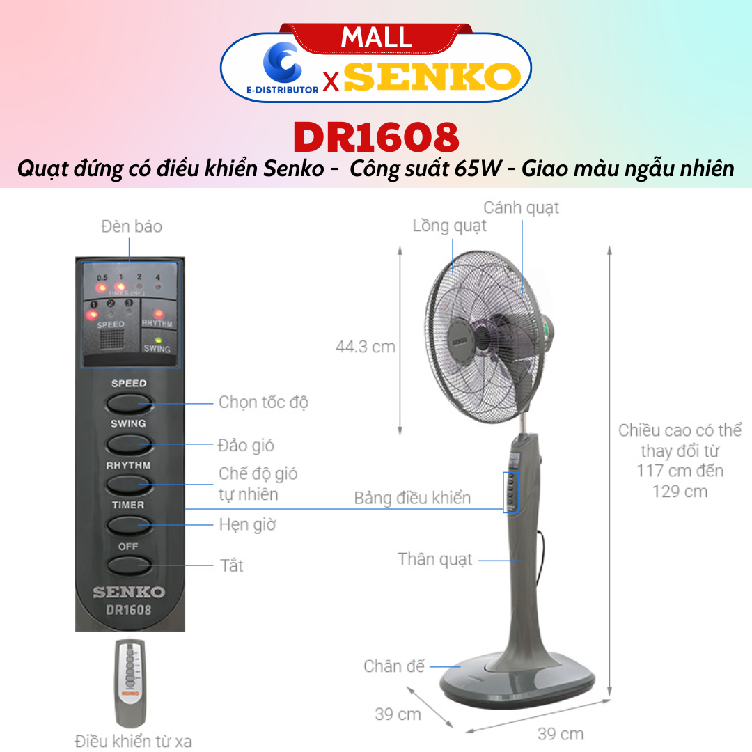 Mô tả Quạt đứng điều khiển từ xa Senko DR1608 - Màu ngẫu nhiên - Hàng Chính Hãng - 2