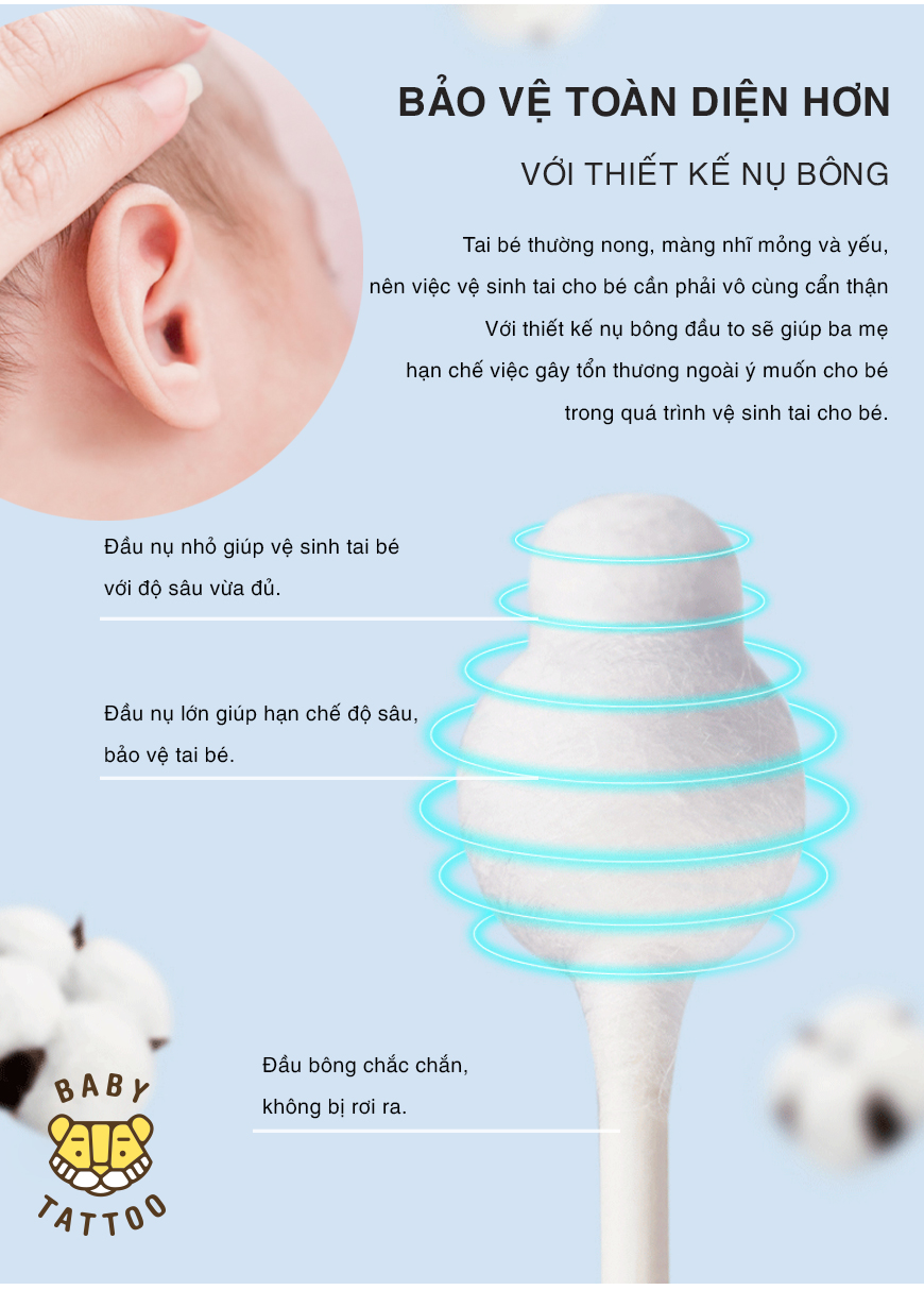 Mô tả BABY TATTOO Bông Tăm Nụ Bông Đầu To Cho Bé, 55 cây/ hộp - 2