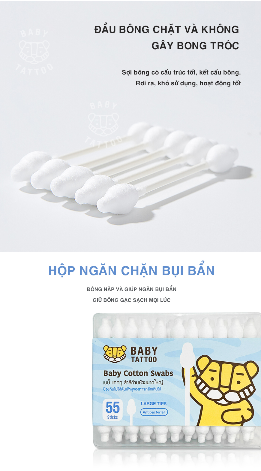 Mô tả BABY TATTOO Bông Tăm Nụ Bông Đầu To Cho Bé, 55 cây/ hộp - 3
