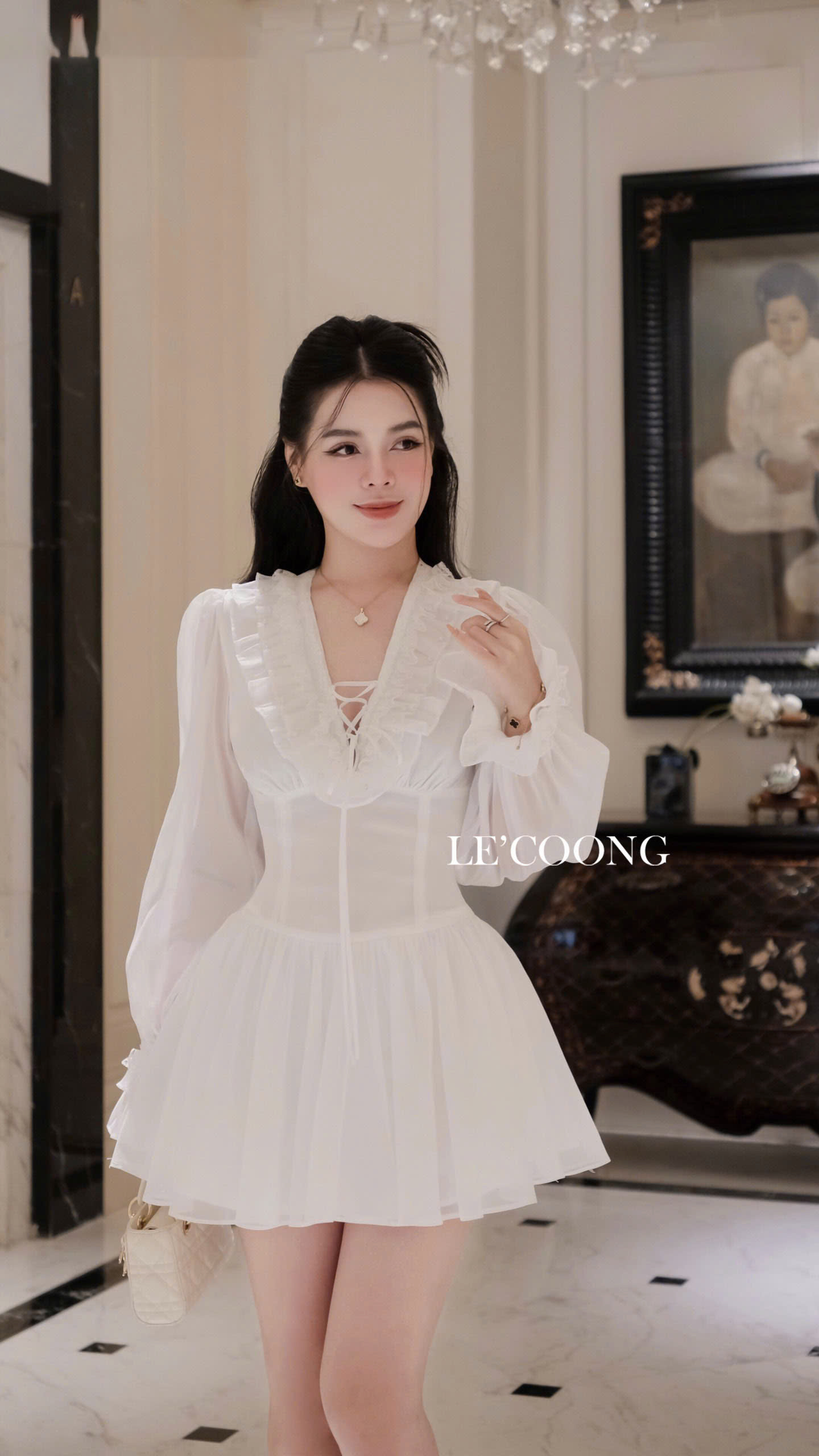 Mô tả Váy Đẹp Dáng Ngắn Xòe Bồng  Phối Ren LECOONG V659 Đầm Tiểu Thư Sang Chảnh - 1