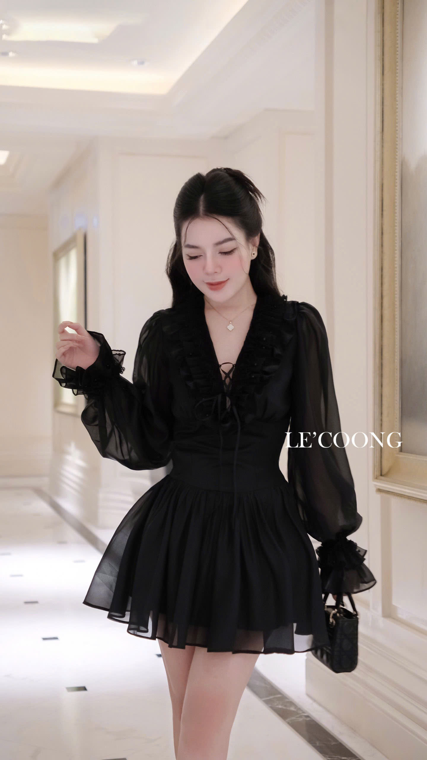 Mô tả Váy Đẹp Dáng Ngắn Xòe Bồng  Phối Ren LECOONG V659 Đầm Tiểu Thư Sang Chảnh - 3