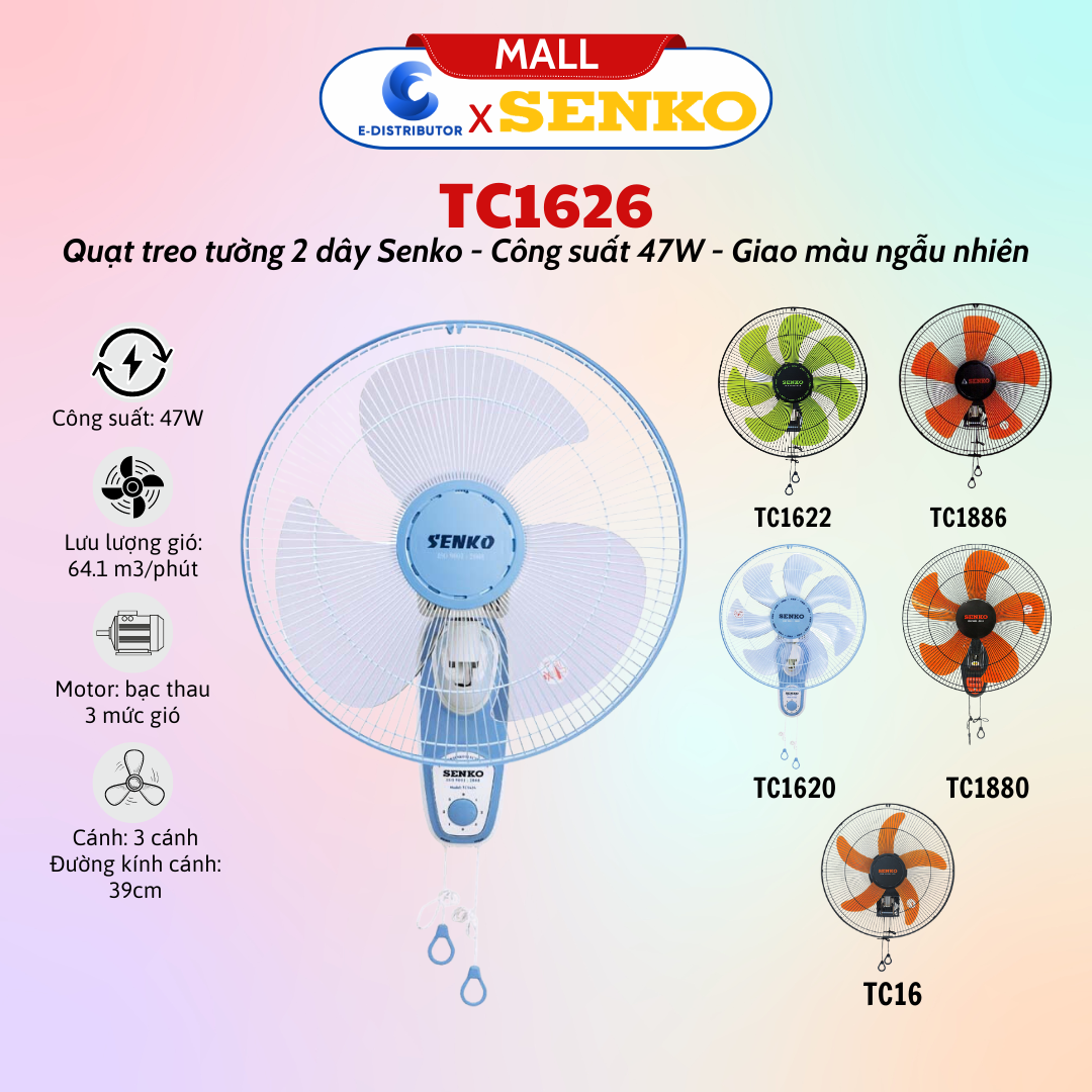Mô tả Quạt Treo Tường 2 Dây Senko TC16/TC1620/TC1622/TC1626/TC1880/TC1886 - Màu ngẫu nhiên - Chính Hãng - 1