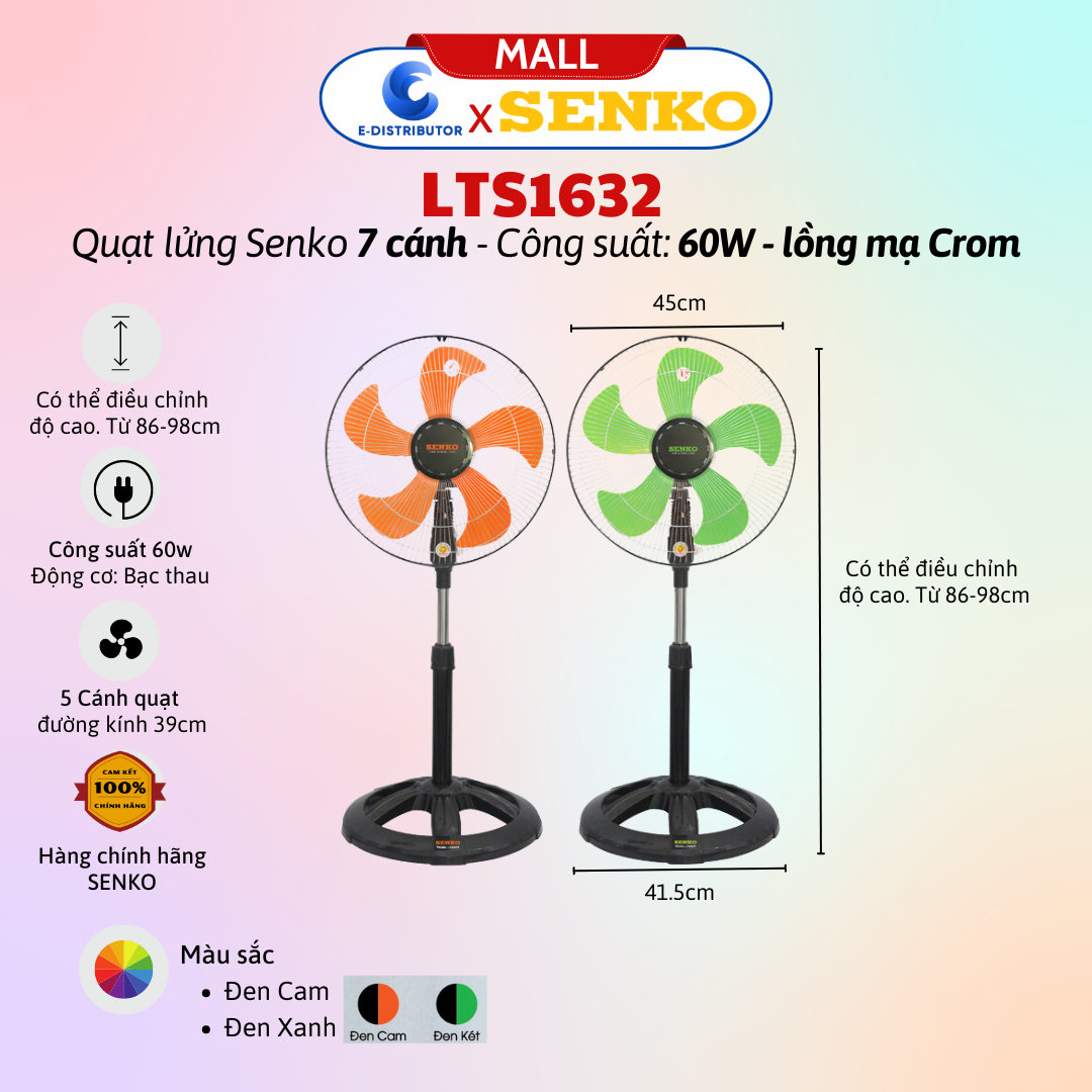 Mô tả Quạt lửng thân sắt Senko LTS1632 (lồng mạ Crom) - Màu ngẫu nhiên - Hàng Chính Hãng - 1
