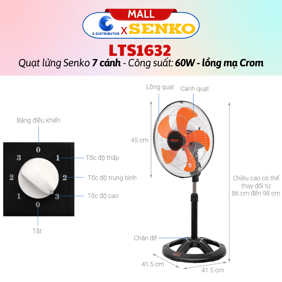 Mô tả Quạt lửng thân sắt Senko LTS1632 (lồng mạ Crom) - Màu ngẫu nhiên - Hàng Chính Hãng - 2