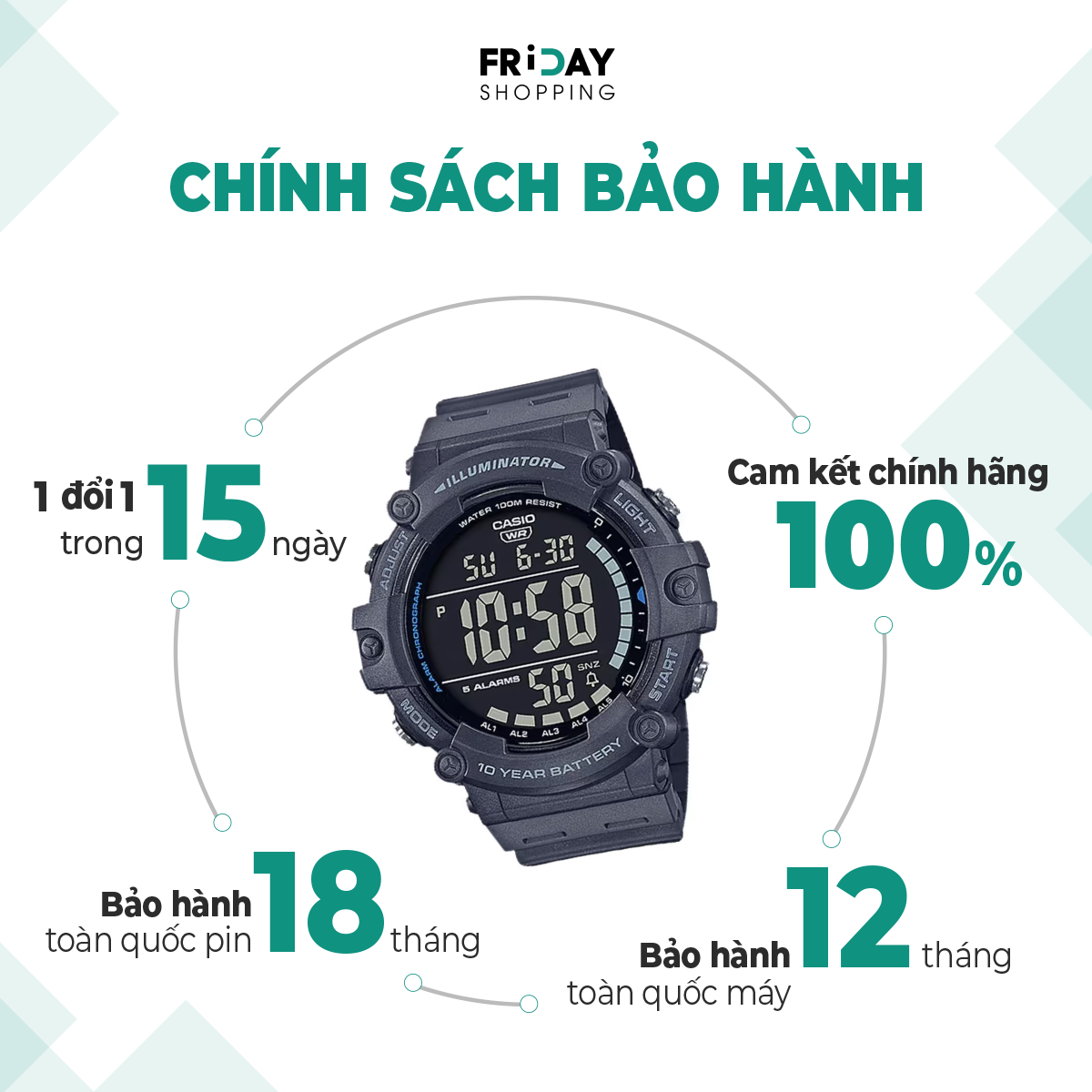 Mô tả Đồng Hồ Casio Nam Điện Tử AE-1500WH-8BVDF Mặt Tròn Dây Cao Su Chính Hãng - 3