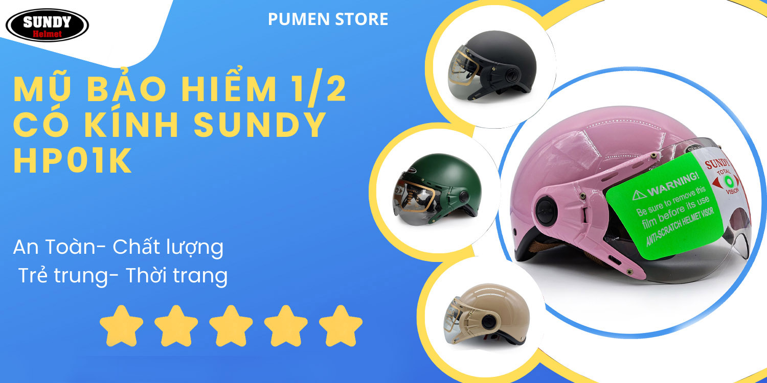 Mô tả Mũ bảo hiểm nửa đầu có kính SUNDY HP-01K an toàn, thời trang, nhiều màu cá tính, Freesize (vòng đầu 55-58cm) - 1
