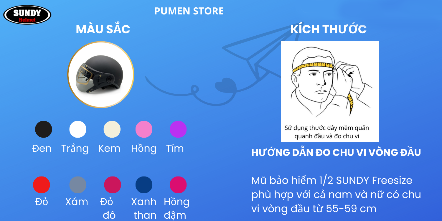 Mô tả Mũ bảo hiểm nửa đầu có kính SUNDY HP-01K an toàn, thời trang, nhiều màu cá tính, Freesize (vòng đầu 55-58cm) - 2