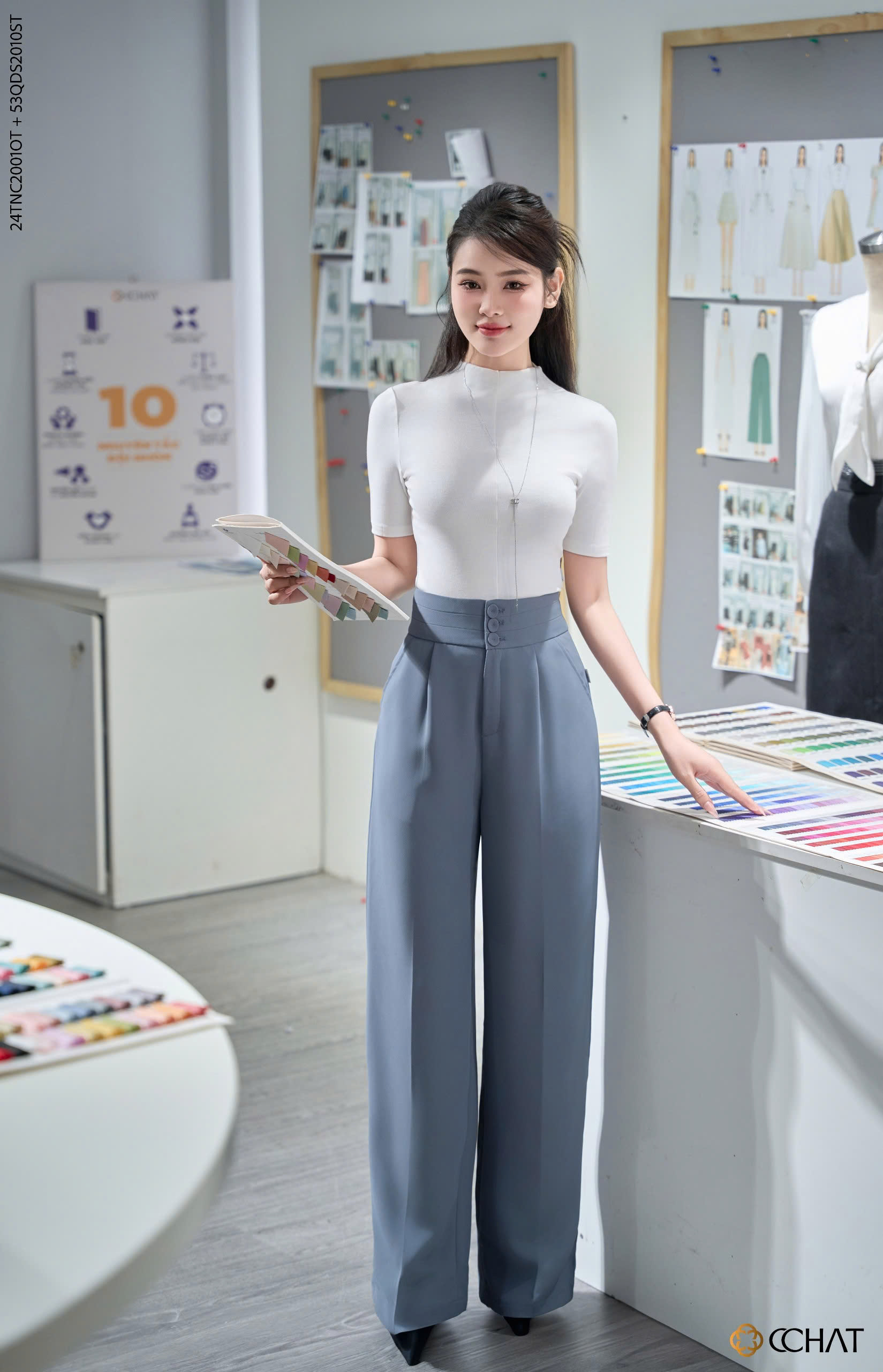 Mô tả Quần Ống Rộng 𝐂𝐂𝐇𝐀𝐓 Kiểu Bản Cạp To 3 Cúc Chất Tuytsi Cao Cấp 53QDS2010ST - 2