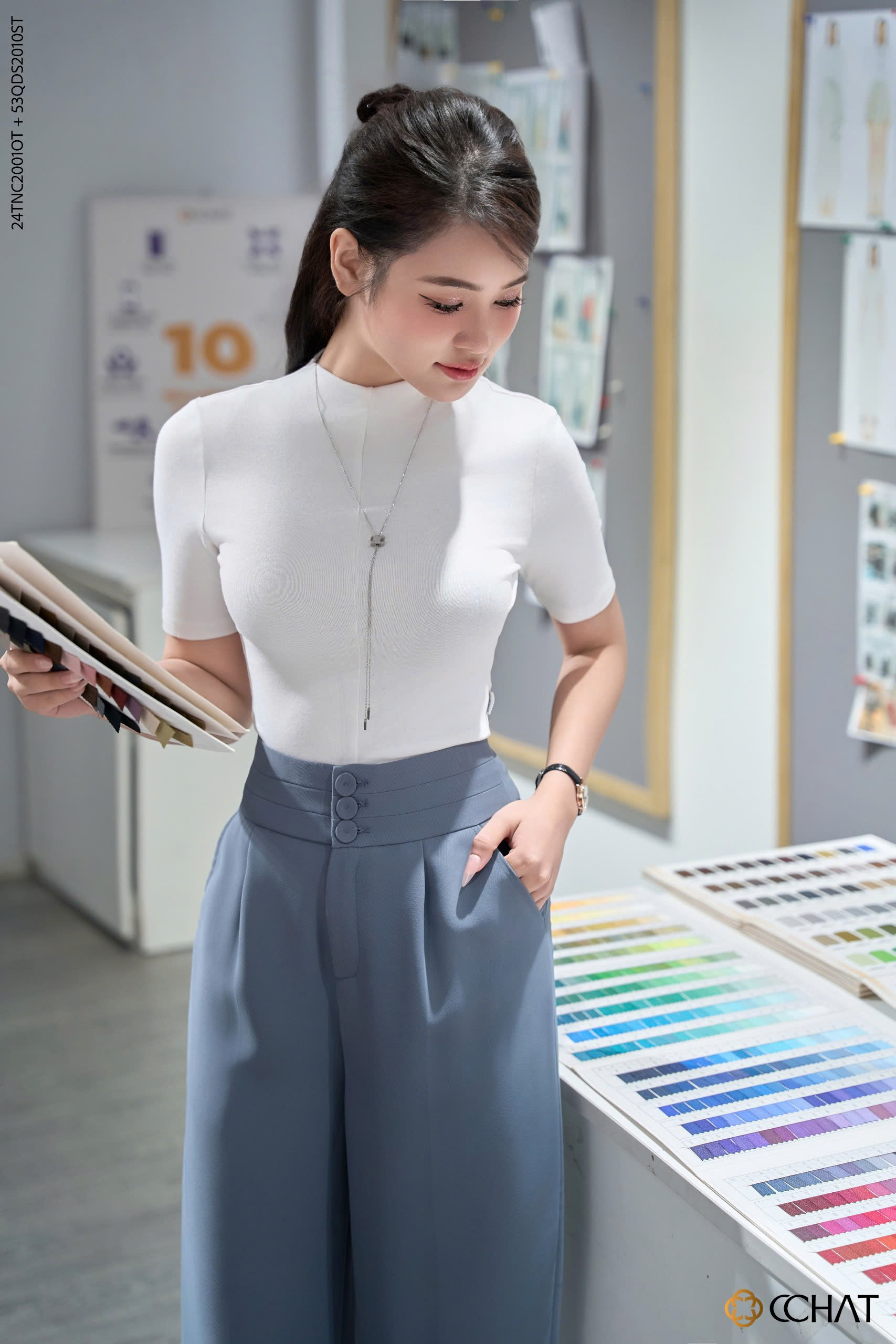 Mô tả Quần Ống Rộng 𝐂𝐂𝐇𝐀𝐓 Kiểu Bản Cạp To 3 Cúc Chất Tuytsi Cao Cấp 53QDS2010ST - 4