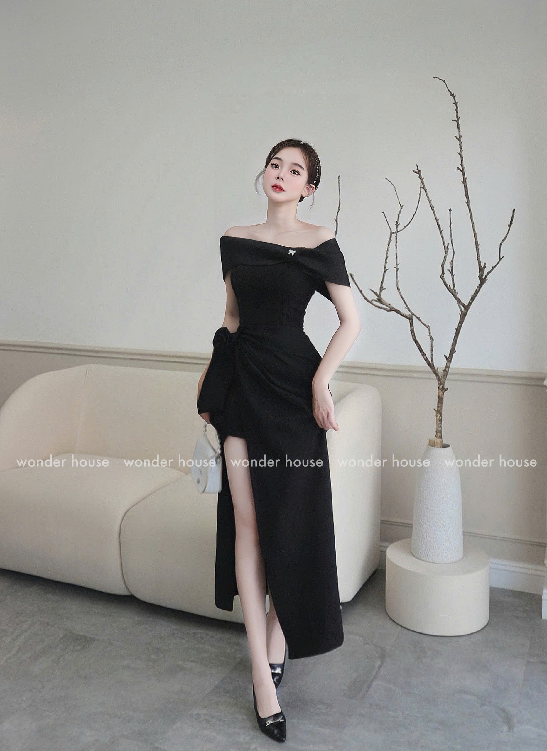 Mô tả Vivian Dress Wonderhouse Đầm trễ vai dáng dài xếp ly chất vải dày dặn dự tiệc sang chảnh, dạo phố nữ tính - 5