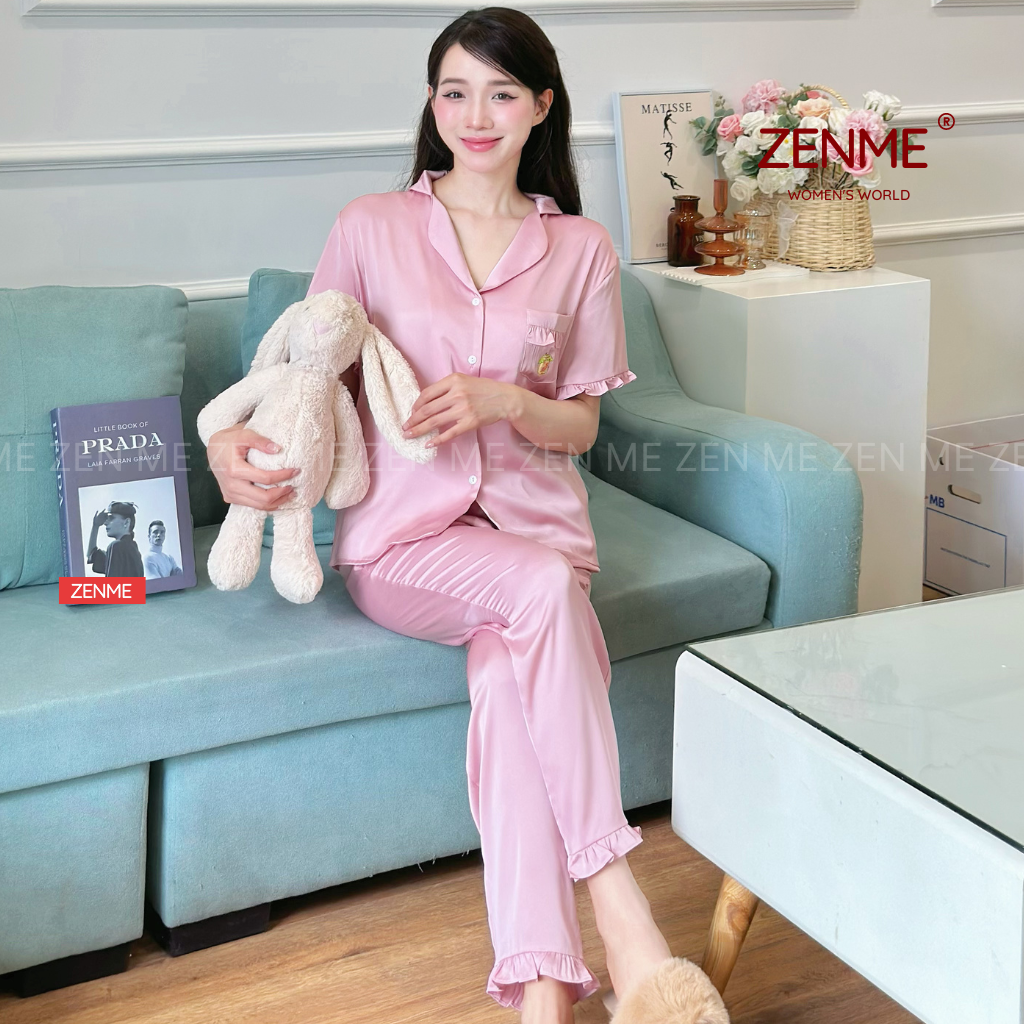Mô tả Bộ Ngủ Pijama Viền Bèo Cộc Dài  Lụa Cao Cấp ZENME Bộ Mặc Nhà Nữ Lụa Latin Form Rộng PJVB0924 - 3