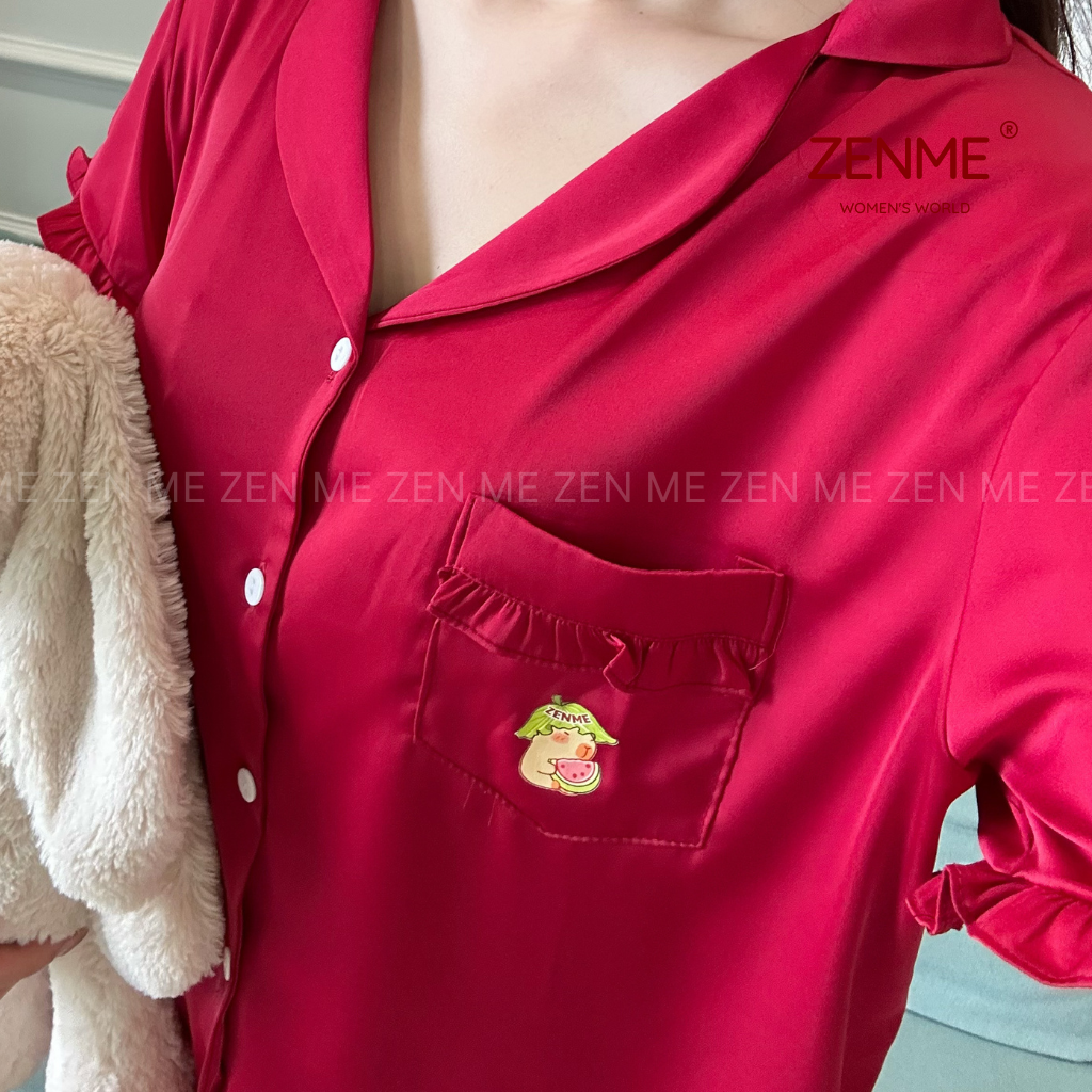 Mô tả Bộ Ngủ Pijama Viền Bèo Cộc Dài  Lụa Cao Cấp ZENME Bộ Mặc Nhà Nữ Lụa Latin Form Rộng PJVB0924 - 4