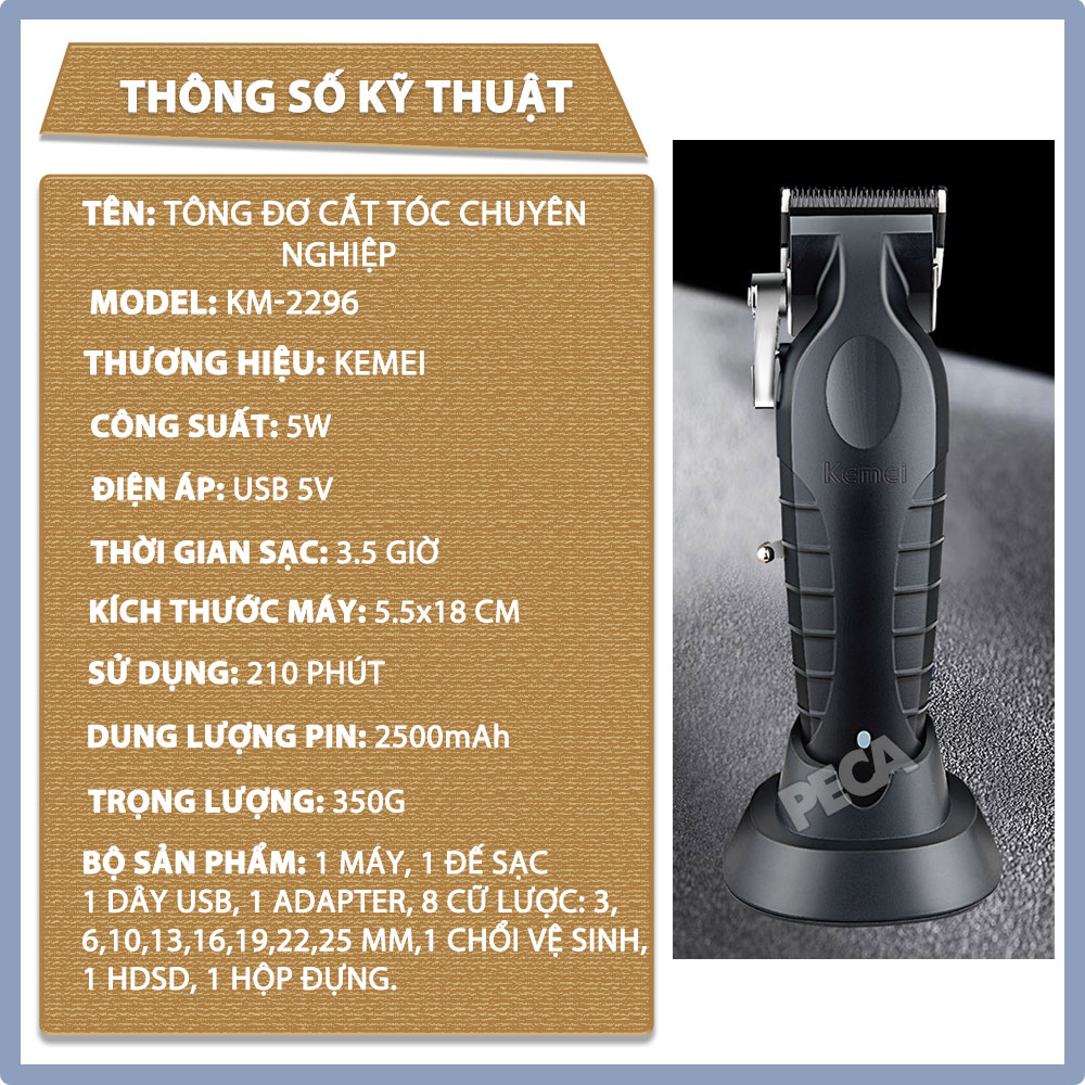 Mô tả Tông đơ cắt tóc chuyên nghiệp Kemei KM-2296 lưỡi cắt mạ carbon công suất mạnh mẽ 5W pin khỏe lithium - Chính hãng - 12