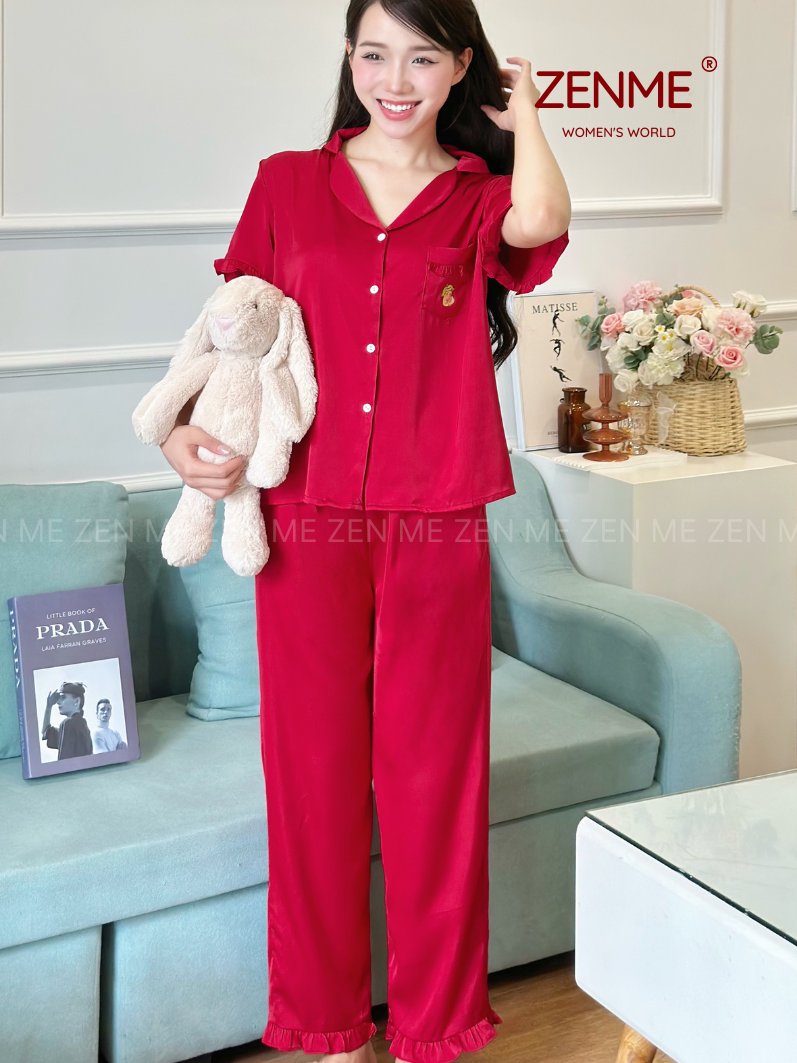 Mô tả Bộ Ngủ Pijama Viền Bèo Cộc Dài  Lụa Cao Cấp ZENME Bộ Mặc Nhà Nữ Lụa Latin Form Rộng PJVB0924 - 1