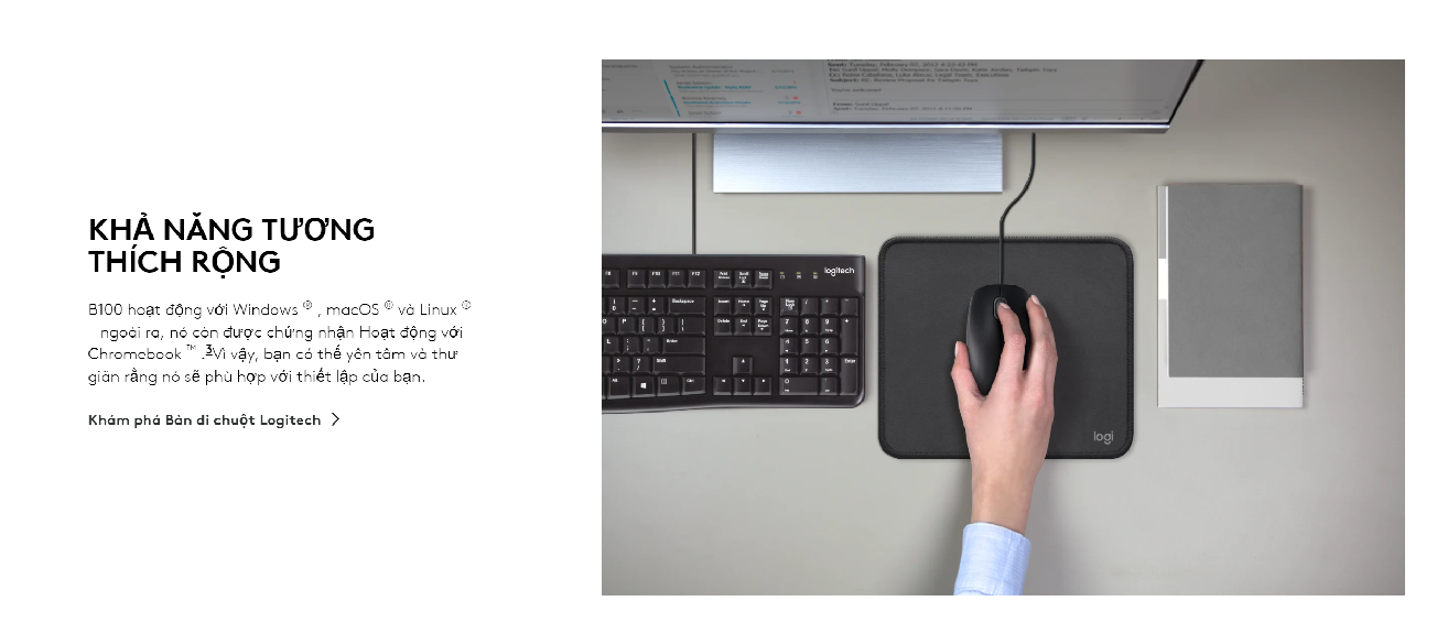 Mô tả Chuột có dây Logitech B100 - Dây dài 1m8, thiết kế ôm tay, thuận cả 2 tay - Bảo hành 3 năm - 5