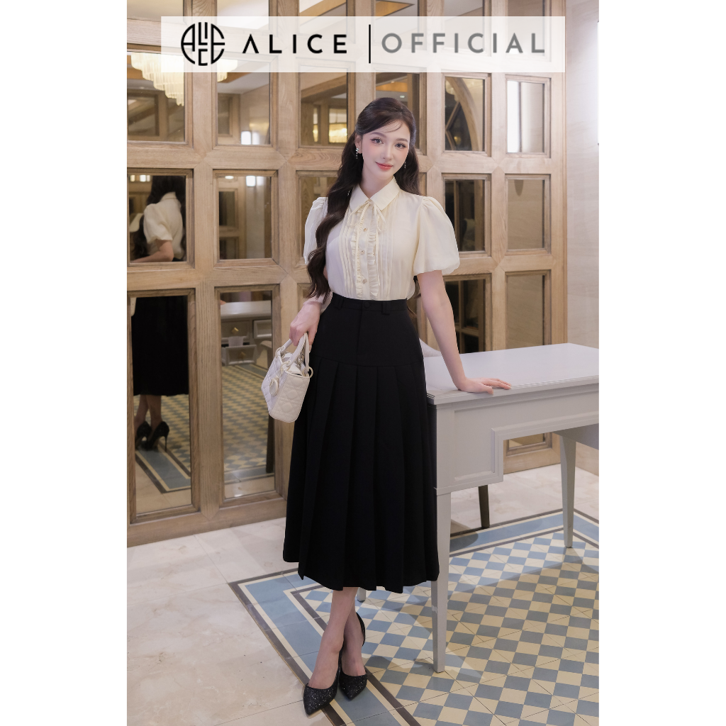 Mô tả Set Đồ Công Sở Áo Sơ Mi Cổ Đức Kèm Chân Váy Dáng Dài ALICE Thiết Kế Tay Bồng Xếp Li Ngực S675 - 1