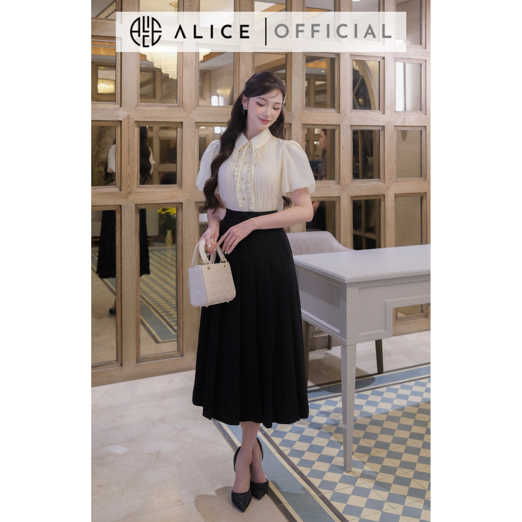 Mô tả Set Đồ Công Sở Áo Sơ Mi Cổ Đức Kèm Chân Váy Dáng Dài ALICE Thiết Kế Tay Bồng Xếp Li Ngực S675 - 2
