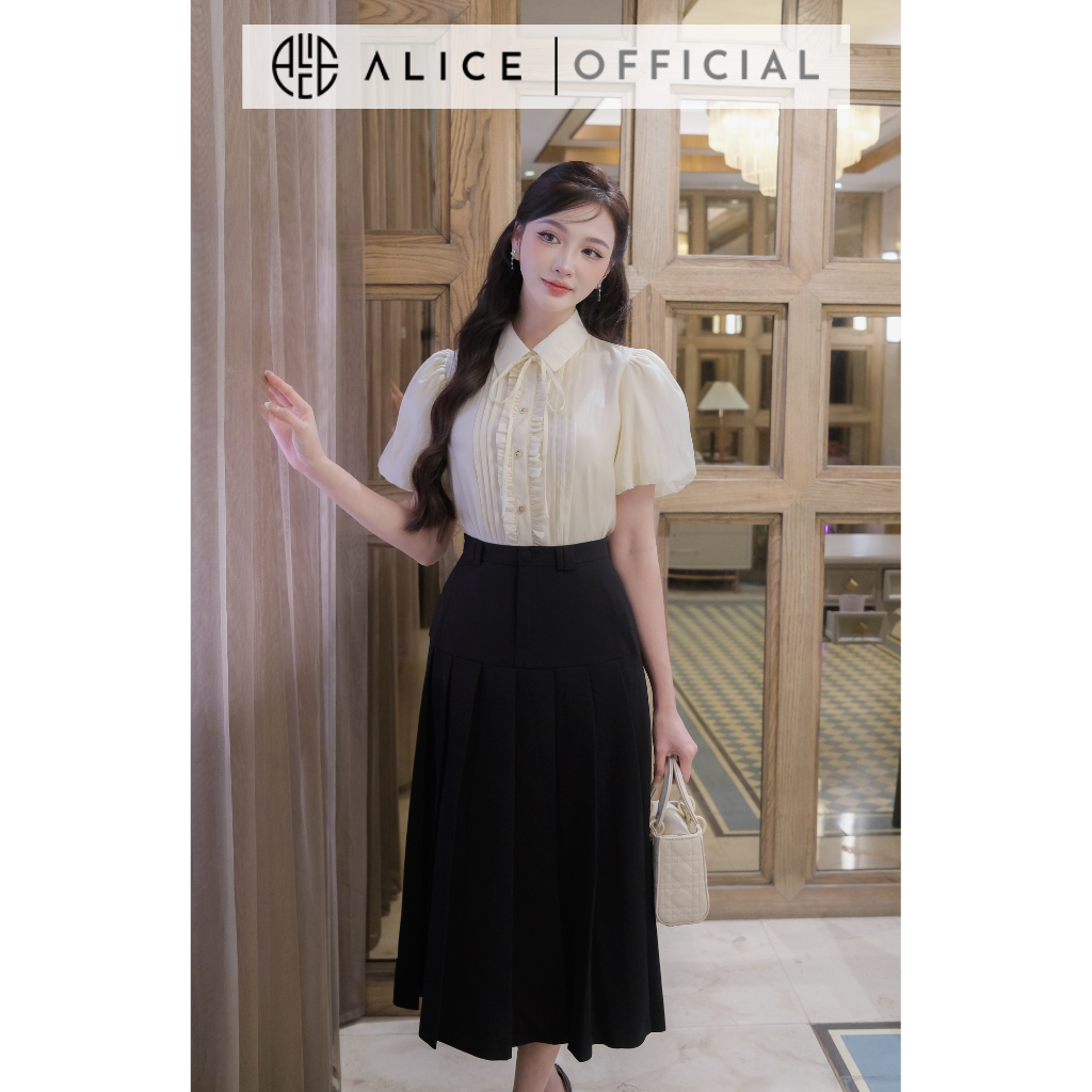 Mô tả Set Đồ Công Sở Áo Sơ Mi Cổ Đức Kèm Chân Váy Dáng Dài ALICE Thiết Kế Tay Bồng Xếp Li Ngực S675 - 3
