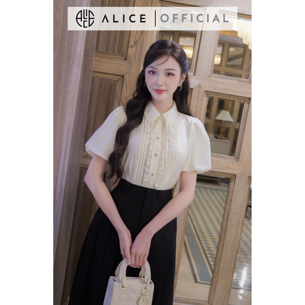 Mô tả Set Đồ Công Sở Áo Sơ Mi Cổ Đức Kèm Chân Váy Dáng Dài ALICE Thiết Kế Tay Bồng Xếp Li Ngực S675 - 4