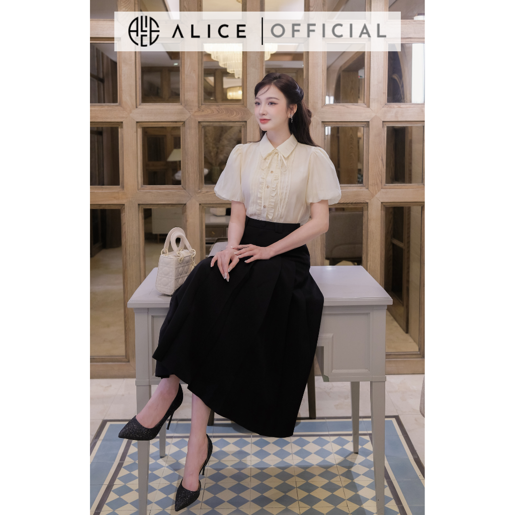 Mô tả Set Đồ Công Sở Áo Sơ Mi Cổ Đức Kèm Chân Váy Dáng Dài ALICE Thiết Kế Tay Bồng Xếp Li Ngực S675 - 7