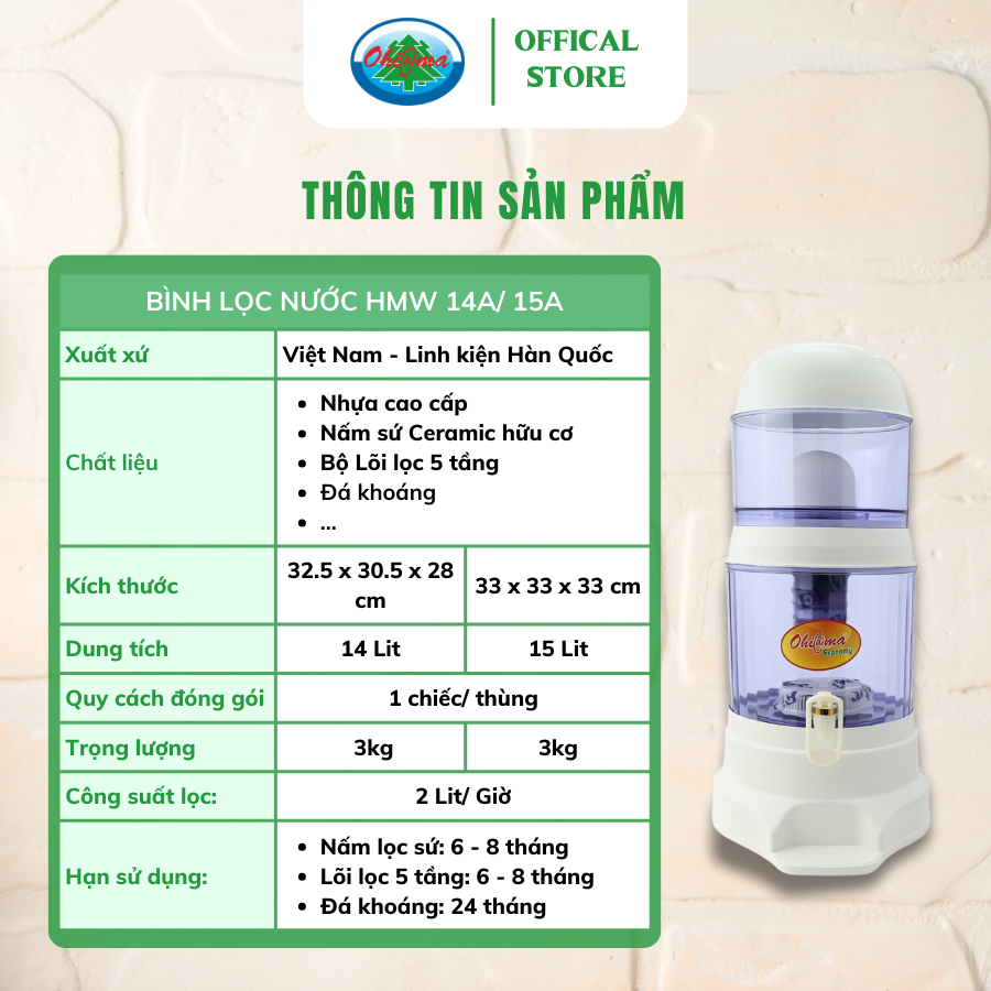 Mô tả Bình Lọc Nước Ohiama Mineral Water Purifier HMW-15A 15 Lit - Nấm Sứ Ceramic và Lõi Lọc 5 Tầng - 3