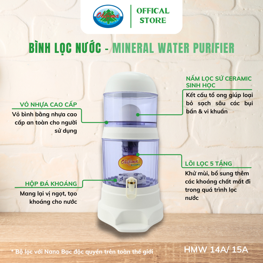 Mô tả Bình Lọc Nước Ohiama Mineral Water Purifier HMW-15A 15 Lit - Nấm Sứ Ceramic và Lõi Lọc 5 Tầng - 2