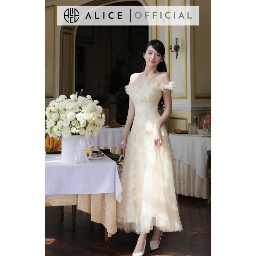 Váy ren tiểu thư trễ vai ALICE V1244 màu kem